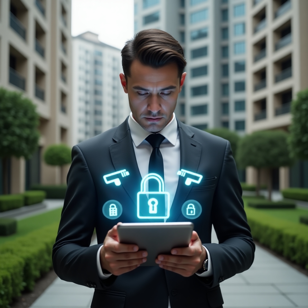 Ultra-realistic condominium manager in a charcoal tailored suit, set in a modern luxury condominium environment with high-rise buildings and manicured green lawns, examining a holographic security interface on a tablet with floating CCTV camera and padlock icons, expression serious and confident, cinematic lighting, shallow depth of field, highly detailed textures, realistic skin, photographic realism, 8k resolution --ar 1:1 --v 6
