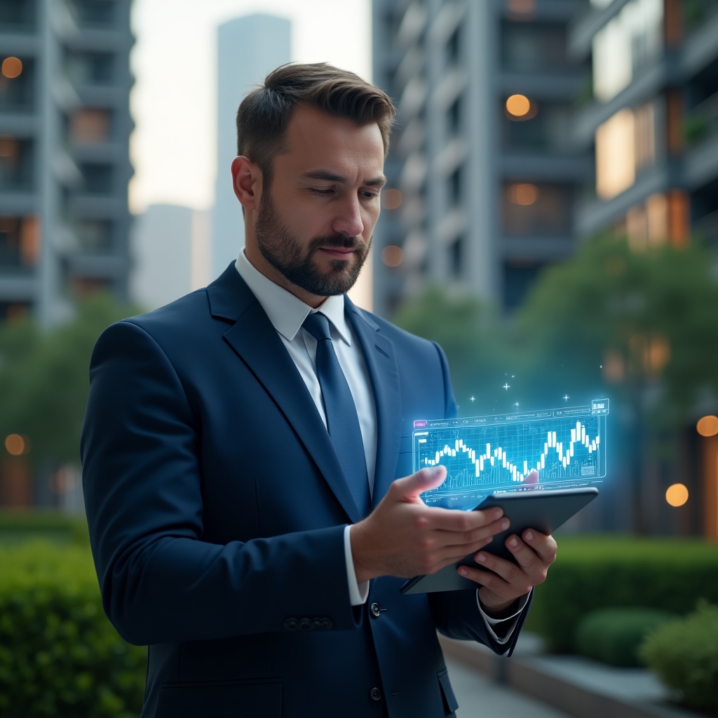 Ultra-realistic condominium manager in a navy blue business suit, set in a modern luxury condominium environment with high-rise buildings and lush green landscaping, holding a tablet projecting a holographic interface of financial graphs and maintenance schedules, confident and focused expression, cinematic lighting, shallow depth of field, highly detailed textures, realistic skin, photographic realism, 8k resolution --ar 1:1 --v 6