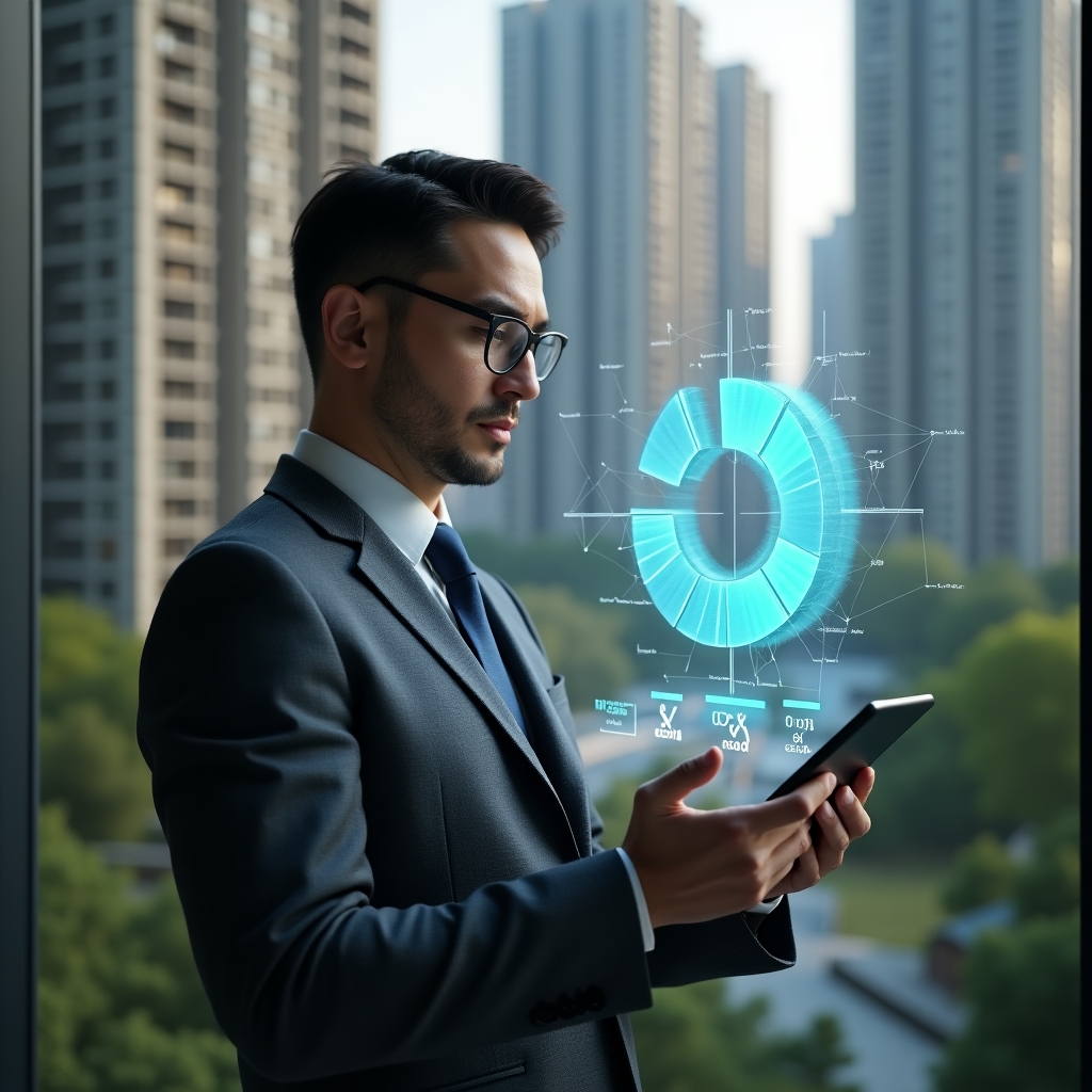 Ultra-realistic condominium manager in a charcoal gray tailored suit, medium shot, in a modern luxury condominium environment with tall residential towers and lush landscaping, confidently analyzing a holographic 3D pie chart of ideal fraction calculations projected above a sleek tablet, with floating percentage icons and architectural scale symbols, cinematic lighting, shallow depth of field, highly detailed textures, realistic skin, photographic realism, 8k resolution --ar 1:1 --v 6