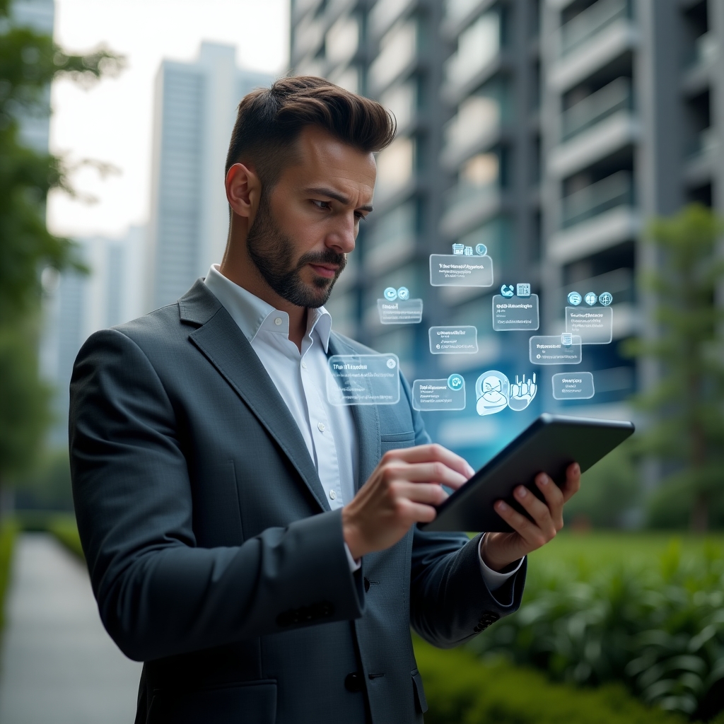 (Ultra-realistic condominium manager in a dark gray suit, set in a modern luxury condominium environment with high-rise buildings and meticulously landscaped greenery, holding a tablet that projects a holographic annual activity schedule with floating icons of maintenance tasks and meetings, confidently reviewing the calendar, cinematic lighting, shallow depth of field, highly detailed textures, realistic skin, photographic realism, 8k resolution --ar 1:1 --v 6)