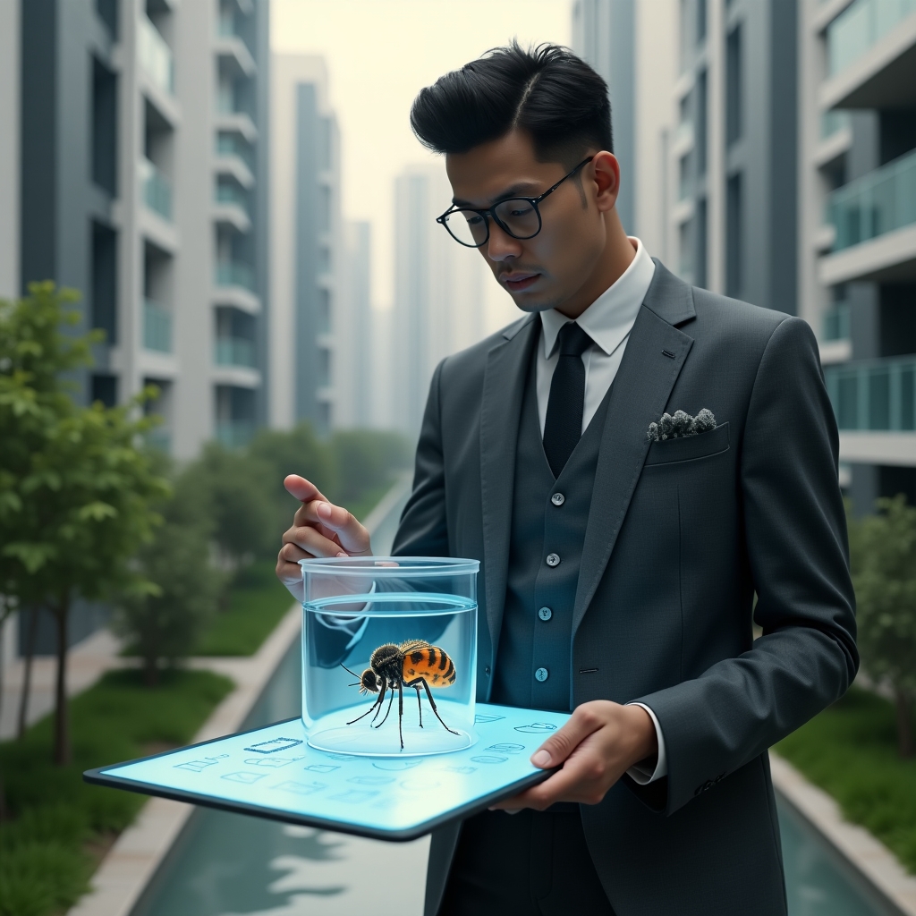 Ultra-realistic condominium manager in a tailored charcoal gray suit, set in a modern luxury condominium environment with high-rise buildings and manicured green landscaping, examining a water container while pointing at a floating hologram of Aedes aegypti larvae above a digital checklist, determined expression, cinematic lighting, shallow depth of field, highly detailed textures, realistic skin, photographic realism, 8k resolution --ar 1:1 --v 6
