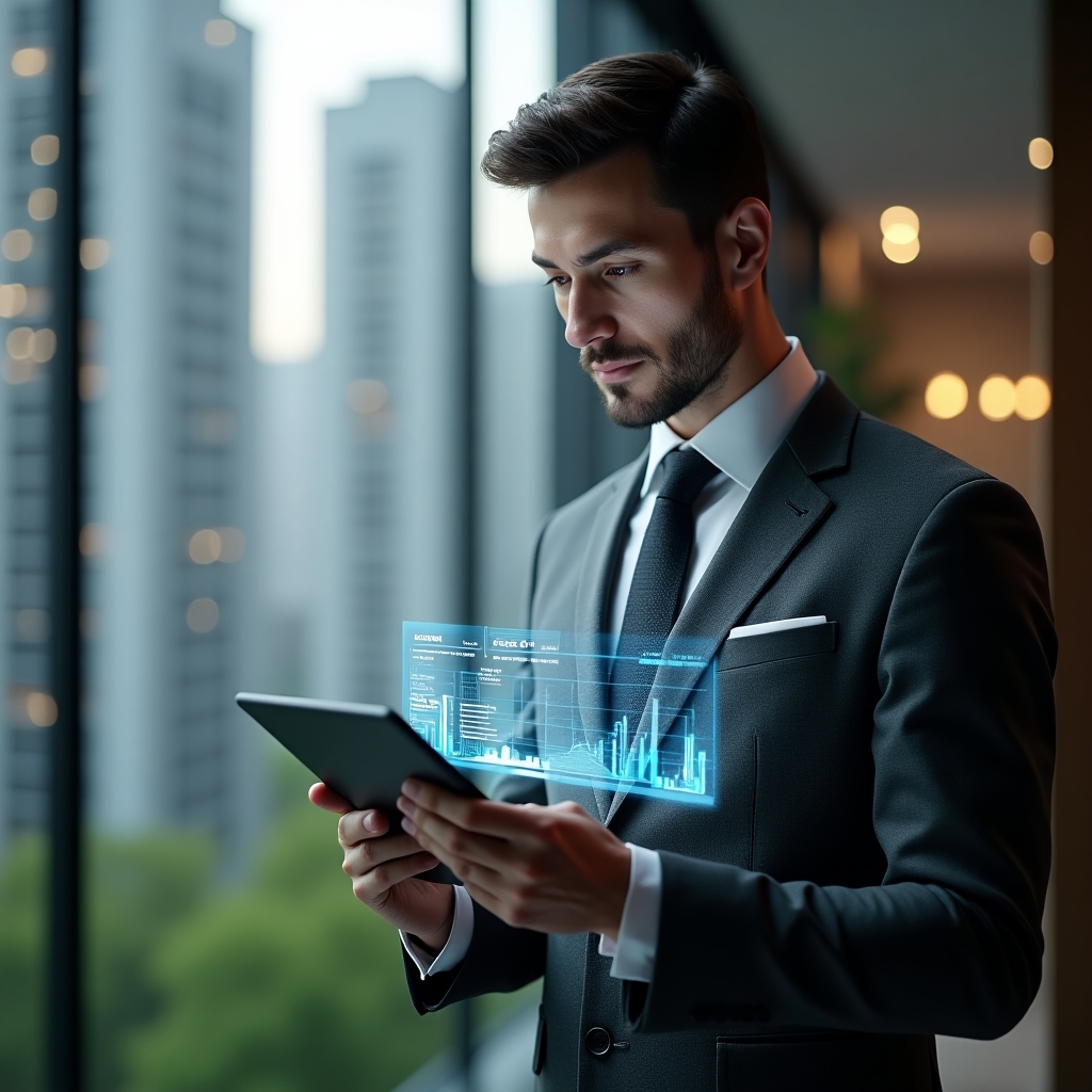 Ultra-realistic condominium manager in a charcoal gray suit, set in a modern luxury condominium environment with high-rise buildings and green landscaping, reviewing a holographic elevator diagnostic interface projected above a tablet, confident expression, cinematic lighting, shallow depth of field, highly detailed textures, realistic skin, photographic realism, 8k resolution --ar 1:1 --v 6