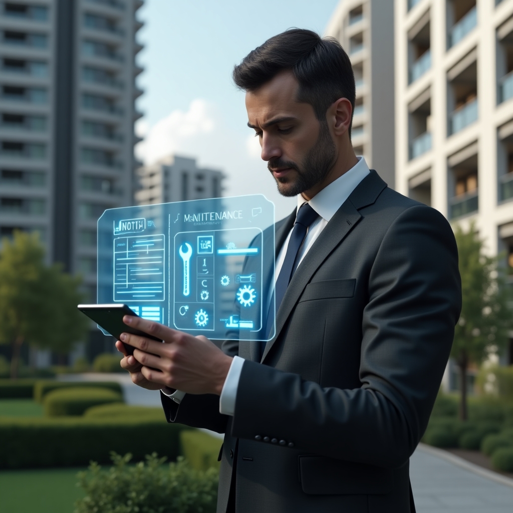 (Ultra-realistic condominium manager in a dark gray suit, set in a modern luxury condominium environment with high-rise buildings and manicured gardens, confidently reviewing a holographic maintenance schedule projected from a tablet, floating wrench and gear icons symbolizing preventive maintenance, cinematic lighting, shallow depth of field, highly detailed textures, realistic skin, photographic realism, 8k resolution --ar 1:1 --v 6)