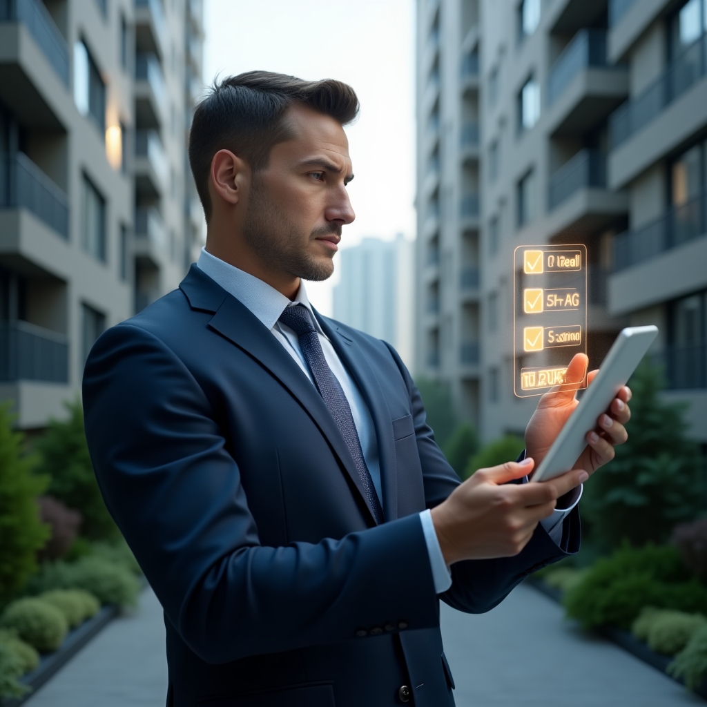 (Ultra-realistic condominium manager in a navy blue tailored suit, set in a modern luxury condominium environment with high-rise buildings and lush green landscaping, holding a digital tablet while inspecting a floating maintenance checklist hologram above the screen, confident and focused expression, cinematic lighting, shallow depth of field, highly detailed textures, realistic skin, photographic realism, 8k resolution --ar 1:1 --v 6)