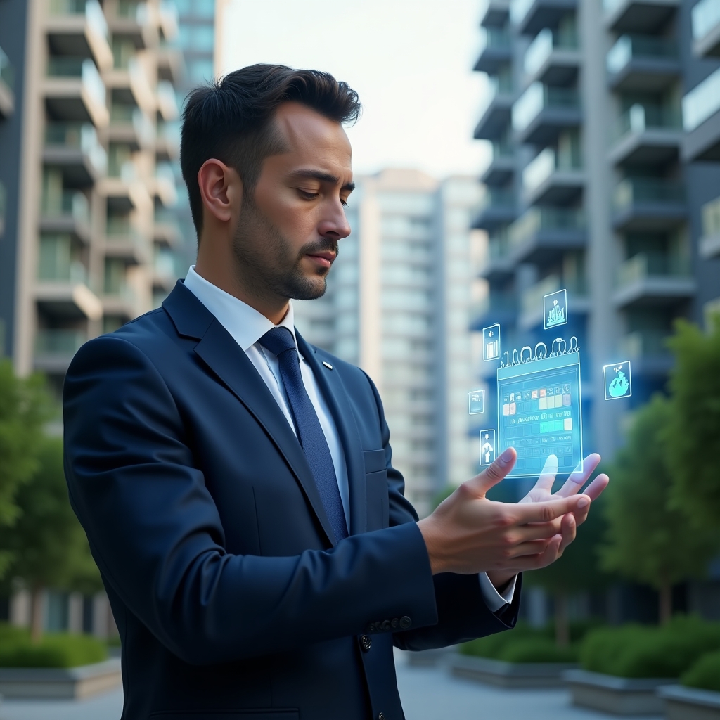 (Ultra-realistic property manager in a navy blue suit, set in a modern luxury condominium environment with high-rise buildings and lush green landscaping, medium shot of the professional confidently examining a floating holographic maintenance schedule, with glowing gear and calendar icons symbolizing preventive upkeep, cinematic lighting, shallow depth of field, highly detailed textures, realistic skin, photographic realism, 8k resolution --ar 1:1 --v 6)