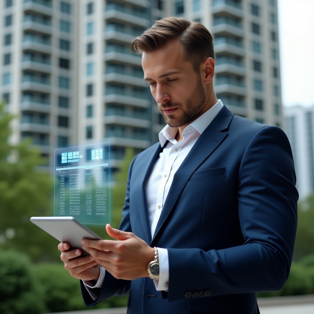 Ultra-realistic condominium manager in a navy blue tailored suit, set in a modern luxury condominium environment with high-rise buildings and green landscaping, examining a tablet with a digital maintenance schedule hologram floating above it, confident and focused expression, cinematic lighting, shallow depth of field, highly detailed textures, realistic skin, photographic realism, 8k resolution --ar 1:1 --v 6