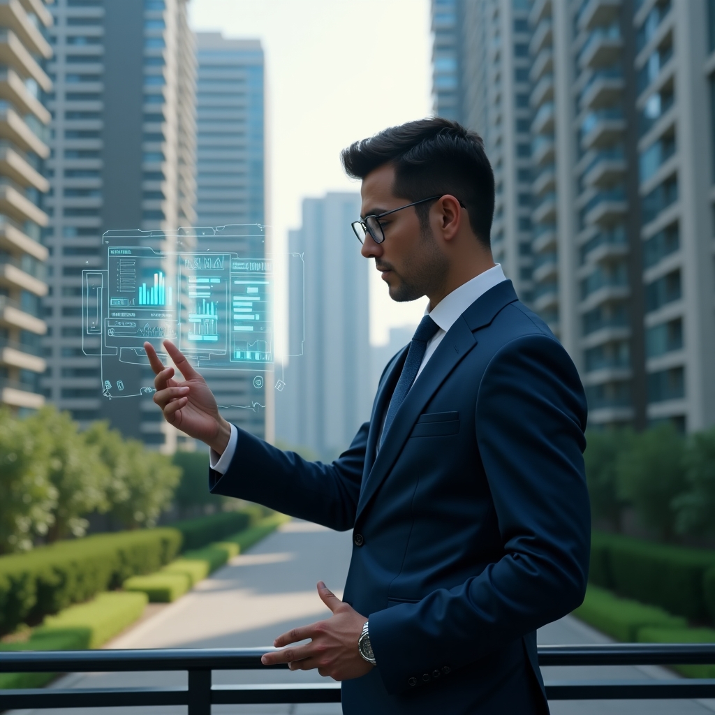 Ultra-realistic condominium manager in a navy blue business suit, set in a modern luxury condominium environment with high-rise buildings and manicured green landscaping, confidently analyzing a floating holographic interface of maintenance schedules and financial charts, cinematic lighting, shallow depth of field, highly detailed textures, realistic skin, photographic realism, 8k resolution --ar 1:1 --v 6