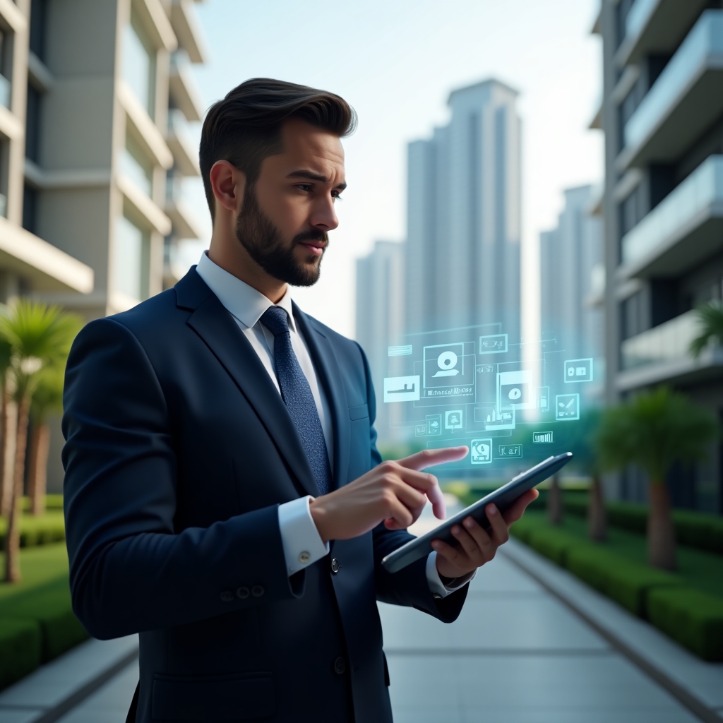 (Ultra-realistic condominium manager in a sleek navy blue suit, set in a modern luxury condominium environment with high-rise buildings and manicured green landscaping, holding a digital tablet and examining a holographic management dashboard with floating analytics and chat icons, confident and focused expression, cinematic lighting, shallow depth of field, highly detailed textures, realistic skin, photographic realism, 8k resolution --ar 1:1 --v 6)