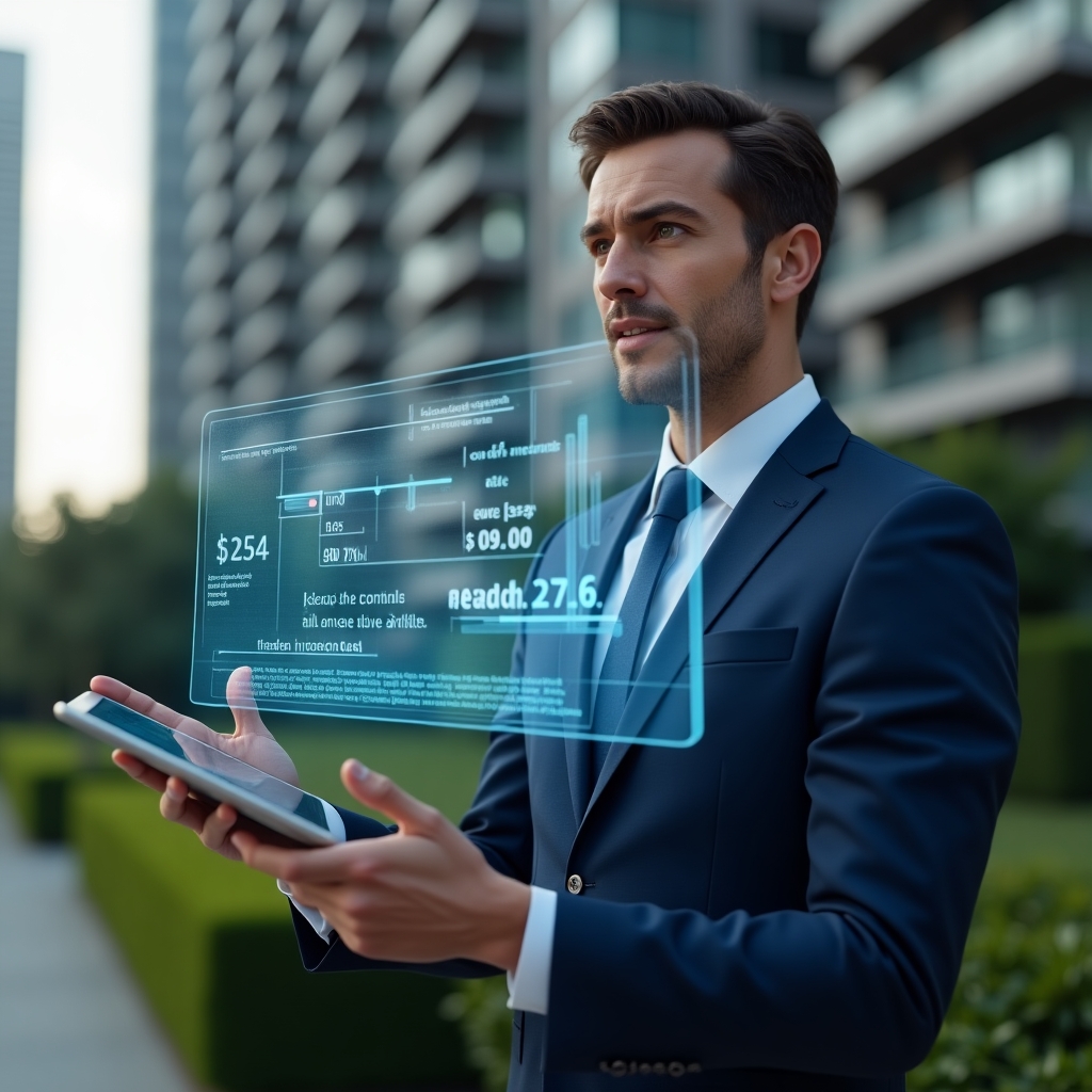 Ultra-realistic condominium manager in a navy blue suit, set in a modern luxury condominium environment with high-rise buildings and manicured green areas, holding a tablet and gesturing toward a floating holographic chart displaying unit fractions and cost allocations, with a confident and thoughtful expression, cinematic lighting, shallow depth of field, highly detailed textures, realistic skin, photographic realism, 8k resolution --ar 1:1 --v 6