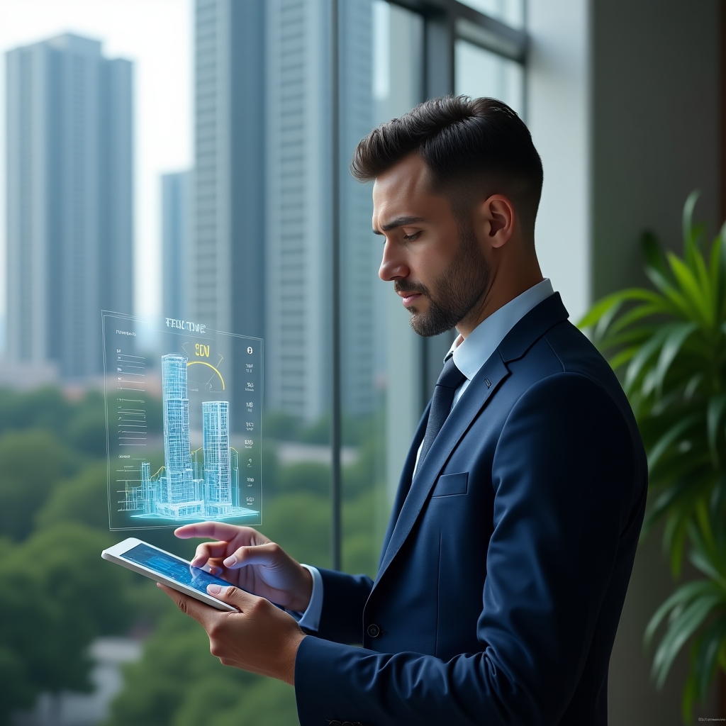 (Ultra-realistic condominium manager in a dark blue executive suit, set in a modern luxury condominium environment with high-rise buildings and lush green landscaping, analyzing a digital holographic pie chart of unit fractions on a transparent tablet, hovering fractional indicators and building blueprint overlay, confident and focused expression, cinematic lighting, shallow depth of field, highly detailed textures, realistic skin, photographic realism, 8k resolution --ar 1:1 --v 6)