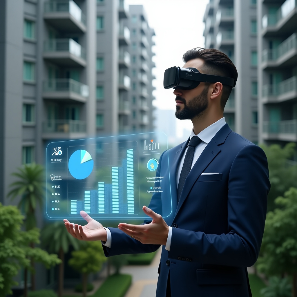 (Ultra-realistic condominium manager in a navy blue tailored suit, set in a modern luxury condominium environment with high-rise buildings and lush green landscaping, medium shot of the manager confidently analyzing floating holographic financial charts comparing ordinary and extraordinary expenses, holographic pie chart split into two segments and icons of maintenance tools and coins, cinematic lighting, shallow depth of field, highly detailed textures, realistic skin, photographic realism, 8k resolution --ar 1:1 --v 6)