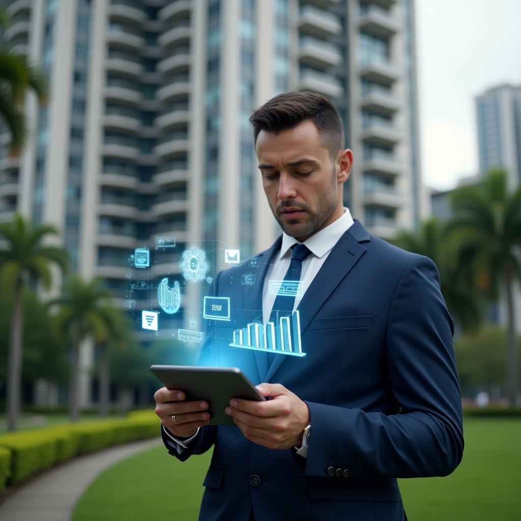 Ultra-realistic condo manager in a tailored navy blue suit, set in a modern luxury condominium environment with high-rise buildings and manicured green landscaping, medium shot of them reviewing a tablet projecting holographic financial graphs and community engagement icons symbolizing transparent management, confident and thoughtful expression, cinematic lighting, shallow depth of field, highly detailed textures, realistic skin, photographic realism, 8k resolution --ar 1:1 --v 6