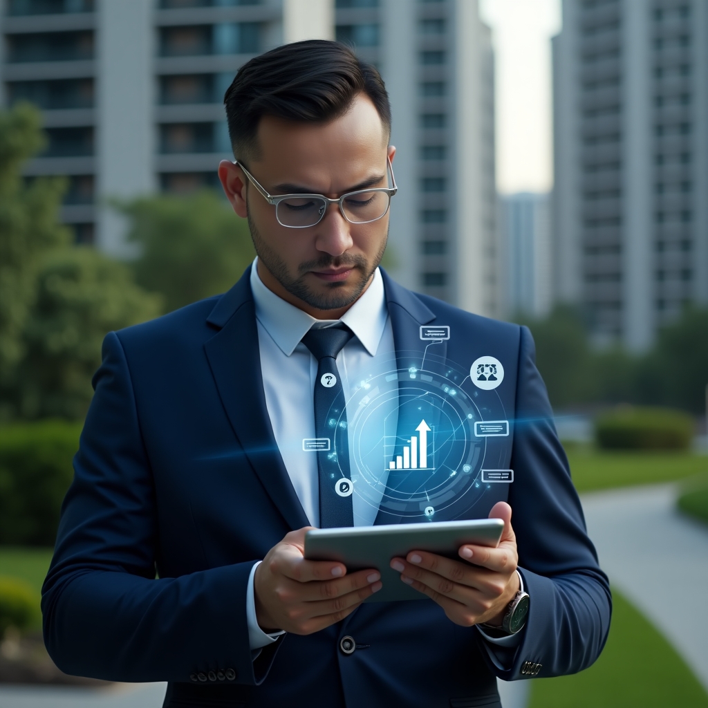 Ultra-realistic condominium manager in a navy blue business suit, set in a modern luxury condominium environment with high-rise buildings and manicured green landscaping, examining a floating holographic dashboard of a management app on a transparent tablet, glowing icons of calendar, financial charts and chat messages orbiting the device, confident and focused expression, cinematic lighting, shallow depth of field, highly detailed textures, realistic skin, photographic realism, 8k resolution --ar 1:1 --v 6