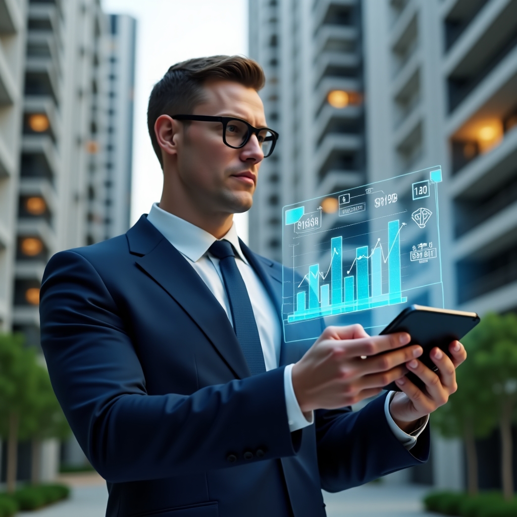 Ultra-realistic condominium manager in a navy blue suit, set in a modern luxury condominium environment with high-rise buildings and green landscaping, confidently analyzing a holographic budget chart displayed in mid-air, floating graphs and currency icons representing cost optimization, cinematic lighting, shallow depth of field, highly detailed textures, realistic skin, photographic realism, 8k resolution --ar 1:1 --v 6