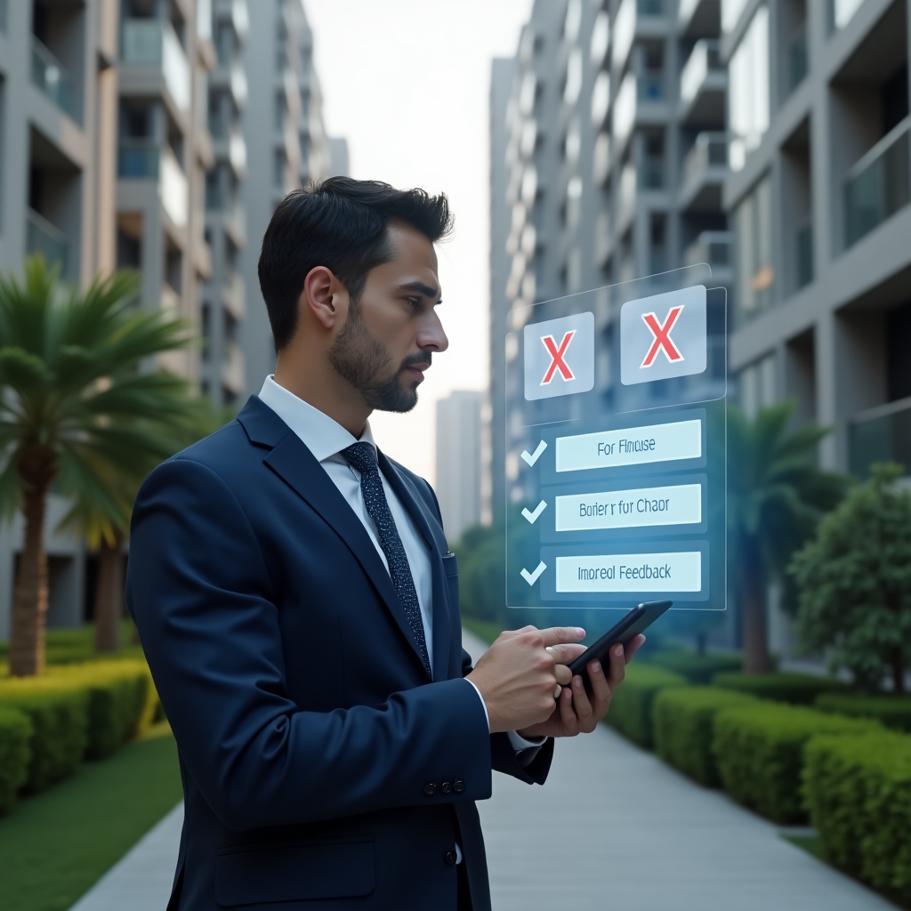 Ultra-realistic condominium manager in a tailored navy blue suit, set in a modern luxury condominium environment with high-rise buildings and manicured green landscaping, holding a tablet and pointing at a floating holographic dashboard displaying four crossed-out error icons representing communication lapses, financial mismanagement, document chaos, and ignored feedback, cinematic lighting, shallow depth of field, highly detailed textures, realistic skin, photographic realism, 8k resolution --ar 1:1 --v 6
