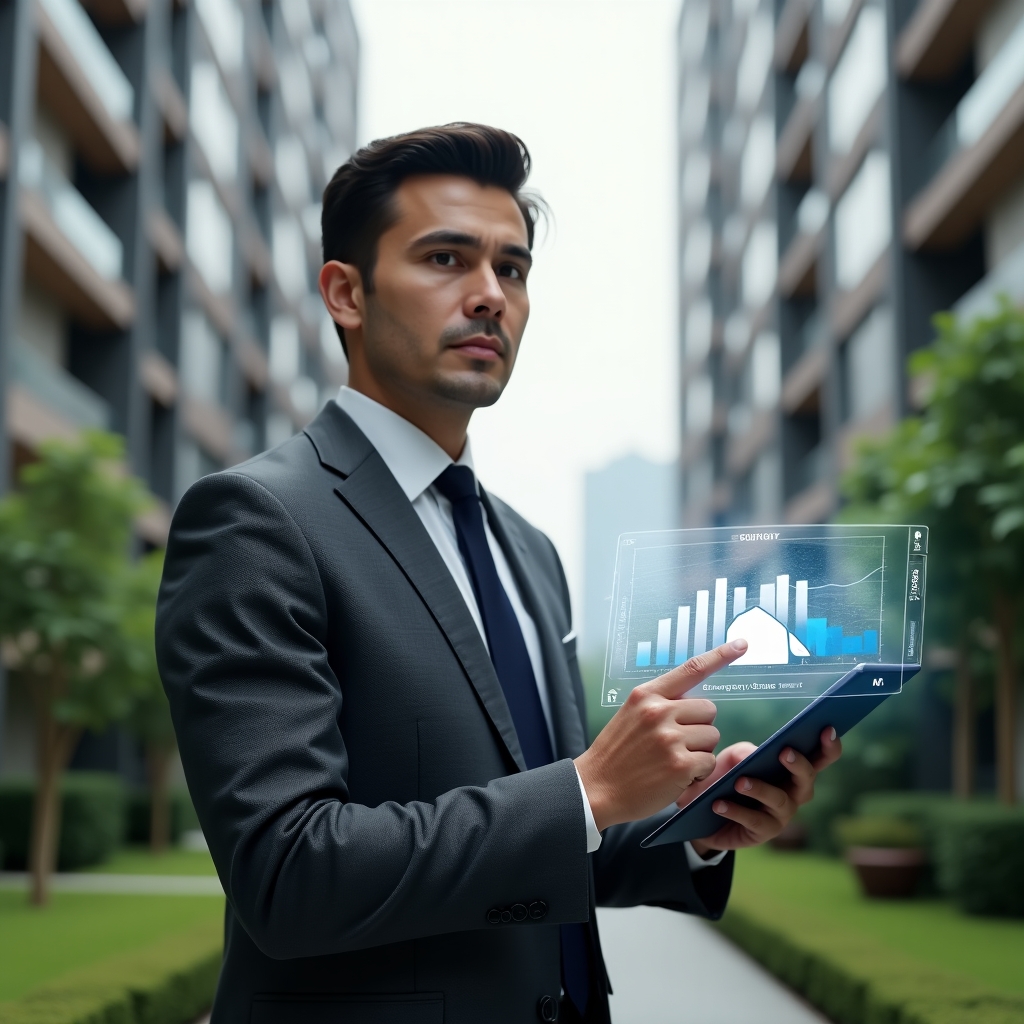 Ultra-realistic condominium manager in a charcoal gray tailored suit, set in a modern luxury condominium environment with high-rise buildings and manicured green landscaping, holding a digital tablet displaying a dynamic budget forecast while pointing at a floating holographic pie chart representing an emergency reserve fund, with a focused and confident expression, cinematic lighting, shallow depth of field, highly detailed textures, realistic skin, photographic realism, 8k resolution --ar 1:1 --v 6