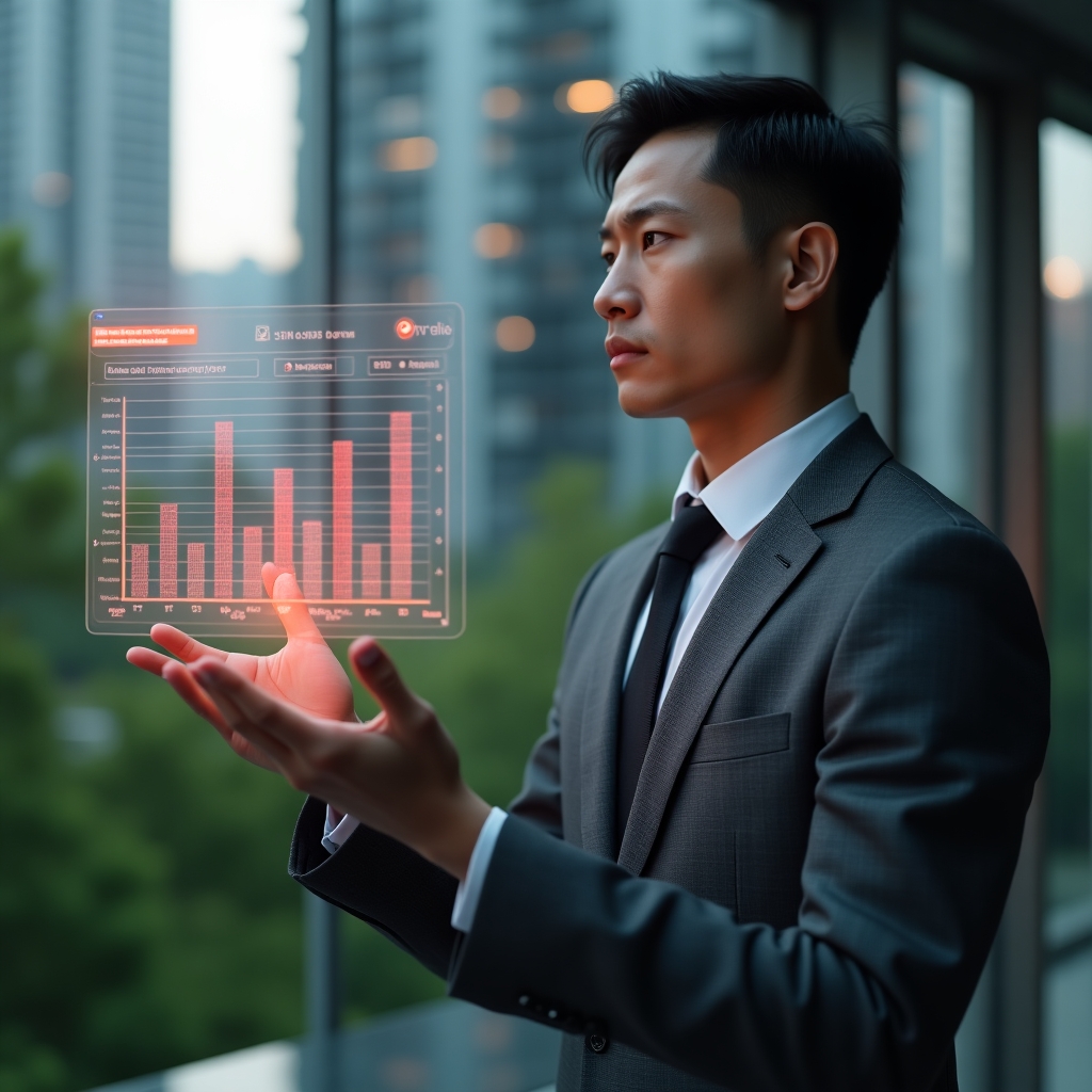 Ultra-realistic condominium manager in a charcoal gray tailored suit, set in a modern luxury condominium environment with high-rise buildings and well-kept green landscaping, analyzing a holographic financial dashboard displaying red error markers that symbolize common accounting mistakes, serious and focused expression, cinematic lighting, shallow depth of field, highly detailed textures, realistic skin, photographic realism, 8k resolution --ar 1:1 --v 6