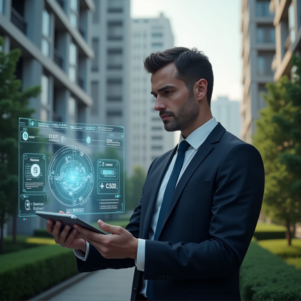 (Ultra-realistic condominium manager in a dark navy tailored suit, set in a modern luxury condominium environment with high-rise buildings and lush green landscaping, focused expression while examining a floating holographic financial dashboard, transparent digital ledger icons swirling around, cinematic lighting, shallow depth of field, highly detailed textures, realistic skin, photographic realism, 8k resolution --ar 1:1 --v 6)