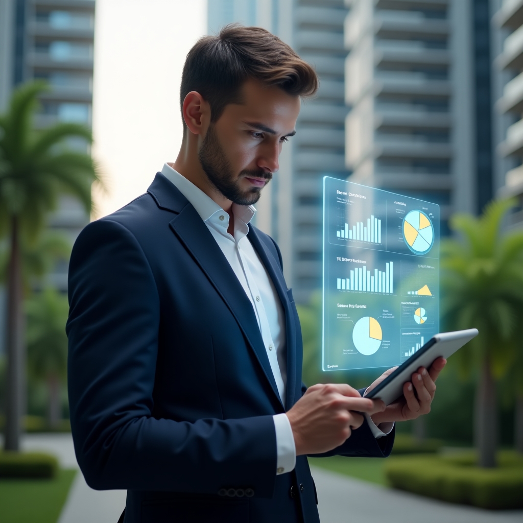 (Ultra-realistic condominium manager in a tailored navy suit, set in a modern luxury condominium environment with high-rise buildings and green landscaping, analyzing a holographic financial report projected from a tablet, with floating pie charts and bar graphs symbolizing transparent accounting, confident and focused expression, cinematic lighting, shallow depth of field, highly detailed textures, realistic skin, photographic realism, 8k resolution --ar 1:1 --v 6)