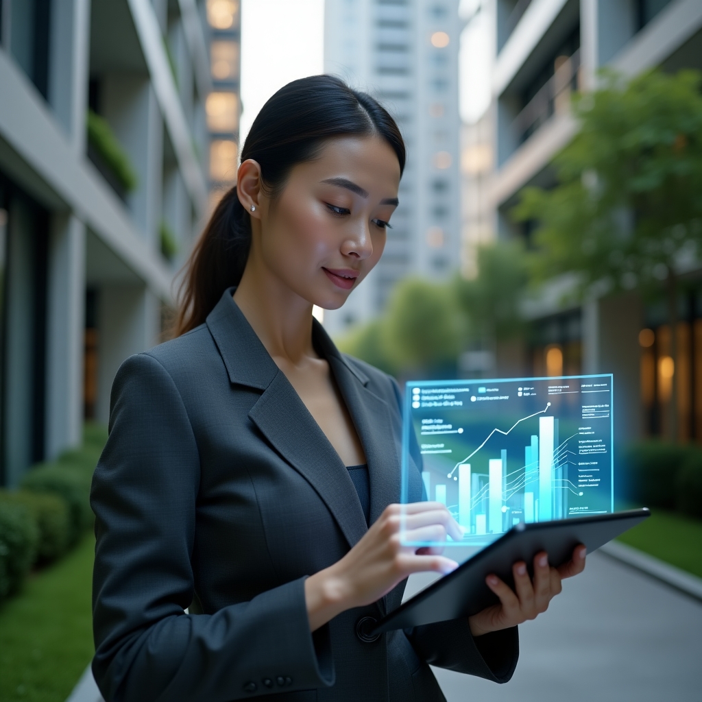 Ultra-realistic condo manager in a charcoal gray tailored suit, set in a modern luxury condominium environment with high-rise buildings and lush green landscaping, medium shot of her reviewing a holographic financial report projected from a tablet, glowing charts and icons symbolizing online accounting transparency and agility, confident and focused expression, cinematic lighting, shallow depth of field, highly detailed textures, realistic skin, photographic realism, 8k resolution --ar 1:1 --v 6
