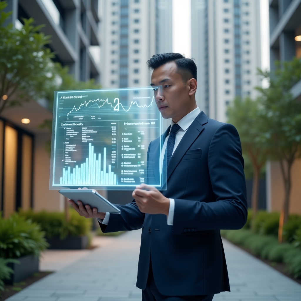 (Ultra-realistic condominium manager in a tailored navy-blue suit, standing in a modern luxury condominium courtyard with high-rise buildings and lush green landscaping, examining a floating holographic financial dashboard showing transparent charts and real-time account balances, holding a sleek tablet, confident and focused expression, cinematic lighting, shallow depth of field, highly detailed textures, realistic skin, photographic realism, 8k resolution --ar 1:1 --v 6)