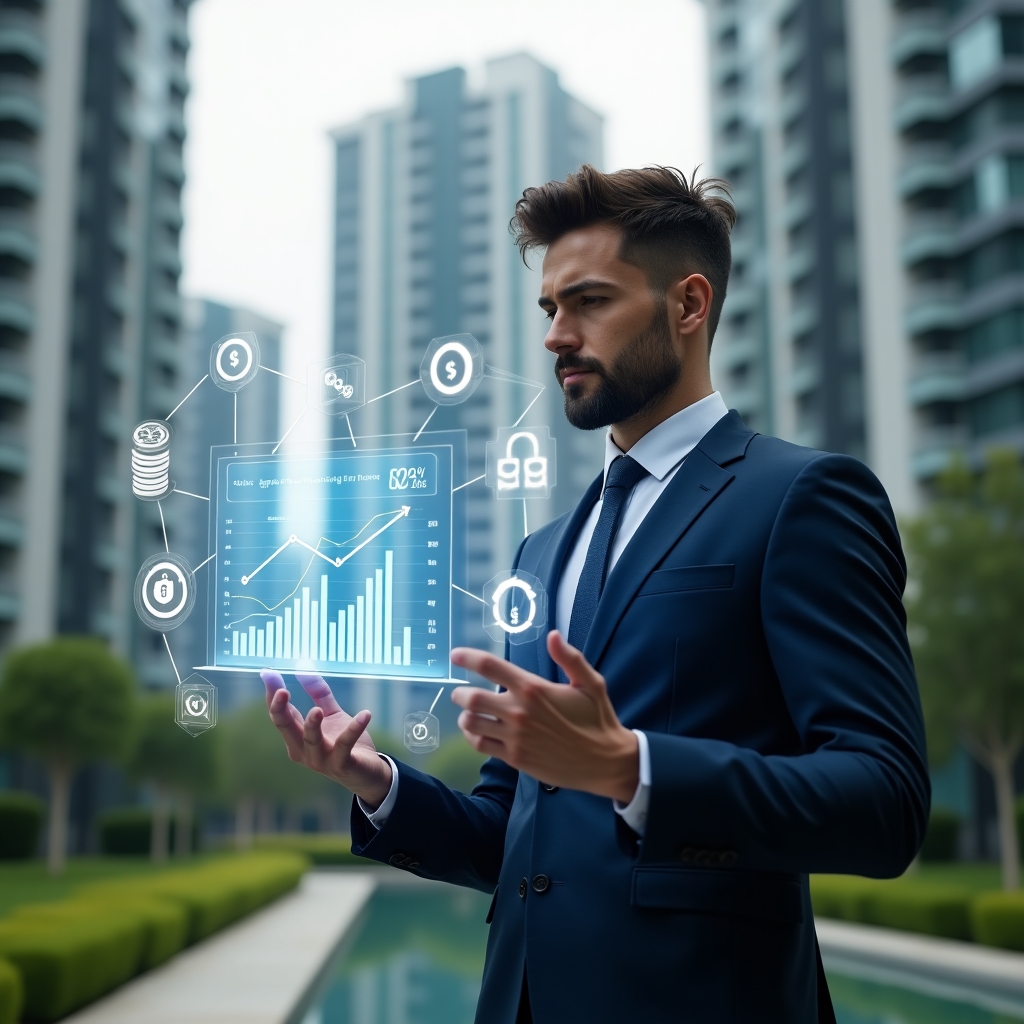 Ultra-realistic condominium manager in a navy blue tailored suit, set in a modern luxury condominium environment with high-rise buildings and pristine green landscaping, thoughtfully examining a floating holographic financial dashboard displaying charts and graphs, surrounded by semi-transparent icons of coins and balance sheets symbolizing transparency, cinematic lighting, shallow depth of field, highly detailed textures, realistic skin, photographic realism, 8k resolution --ar 1:1 --v 6