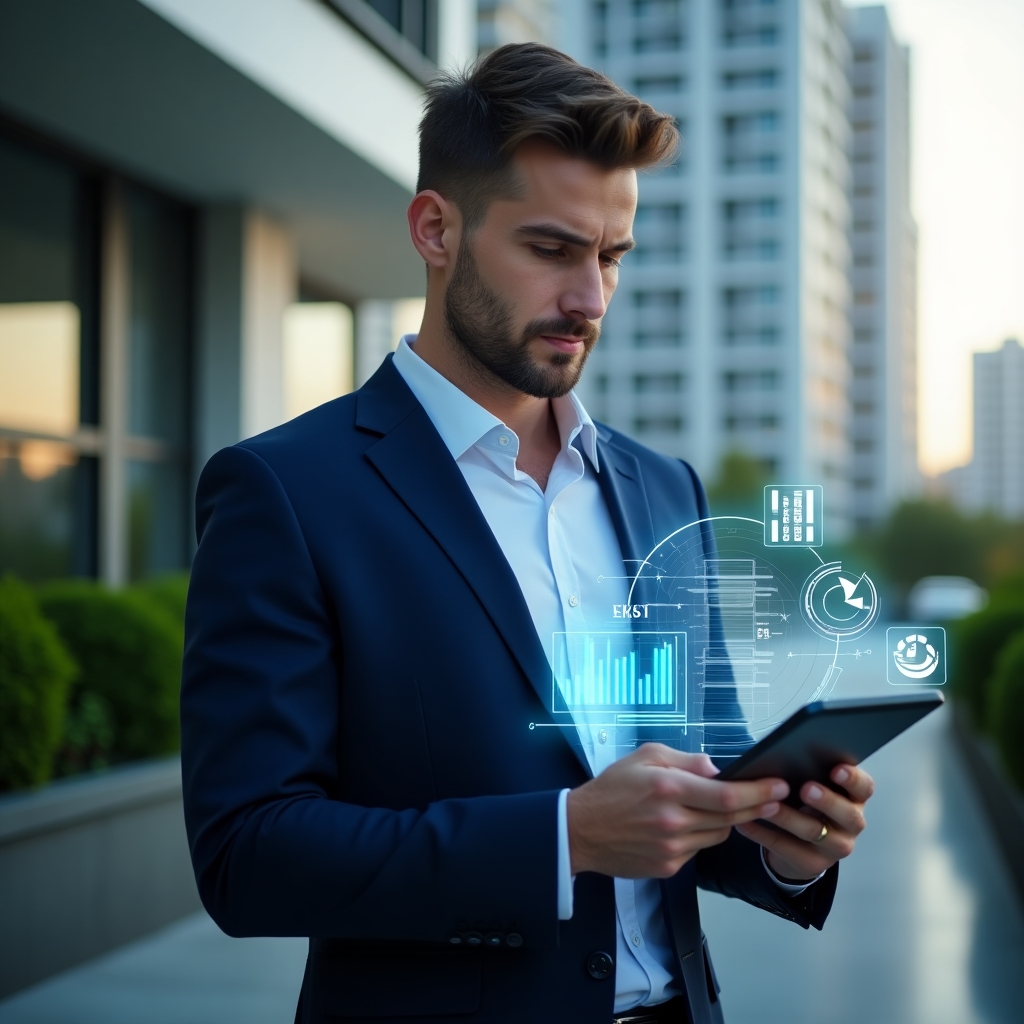 Ultra-realistic condominium manager in a navy blue suit, set in a modern luxury condominium corporate environment with high-rise buildings and manicured green landscaping, holding a tablet displaying holographic financial charts and digital receipts, confidently analyzing online accounting data with a focused expression, futuristic holographic icons of graphs and balance sheets floating around, cinematic lighting, shallow depth of field, highly detailed textures, realistic skin, photographic realism, 8k resolution --ar 1:1 --v 6