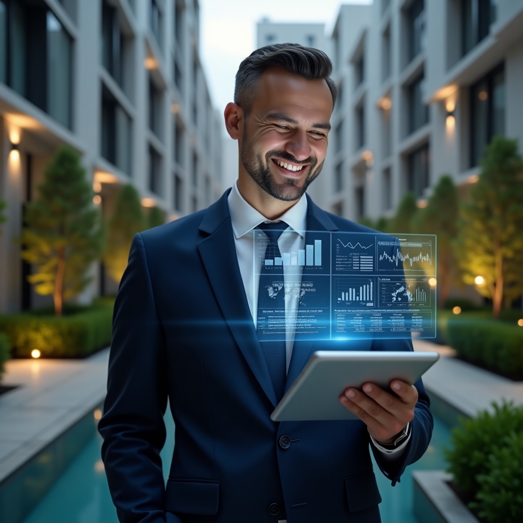 (Ultra-realistic condominium manager in a navy blue tailored suit, set in a modern luxury condominium environment with high-rise buildings and manicured green landscaping, medium shot of the manager holding a digital tablet projecting holographic financial charts and dashboards, confidently analyzing data with a slight smile, cinematic lighting, shallow depth of field, highly detailed textures, realistic skin, photographic realism, 8k resolution --ar 1:1 --v 6)
