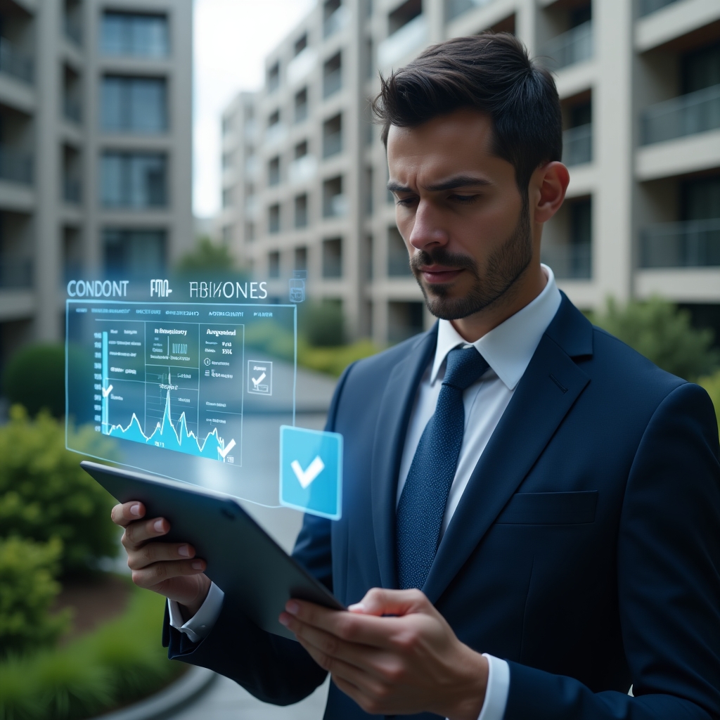 (Ultra-realistic condominium manager in a navy blue suit, set in a modern luxury condominium environment with high-rise buildings and green landscaping, reviewing a holographic financial statement with a focused and determined expression, surrounded by floating holographic charts showing approval checkmarks and rejection crosses, cinematic lighting, shallow depth of field, highly detailed textures, realistic skin, photographic realism, 8k resolution --ar 1:1 --v 6)