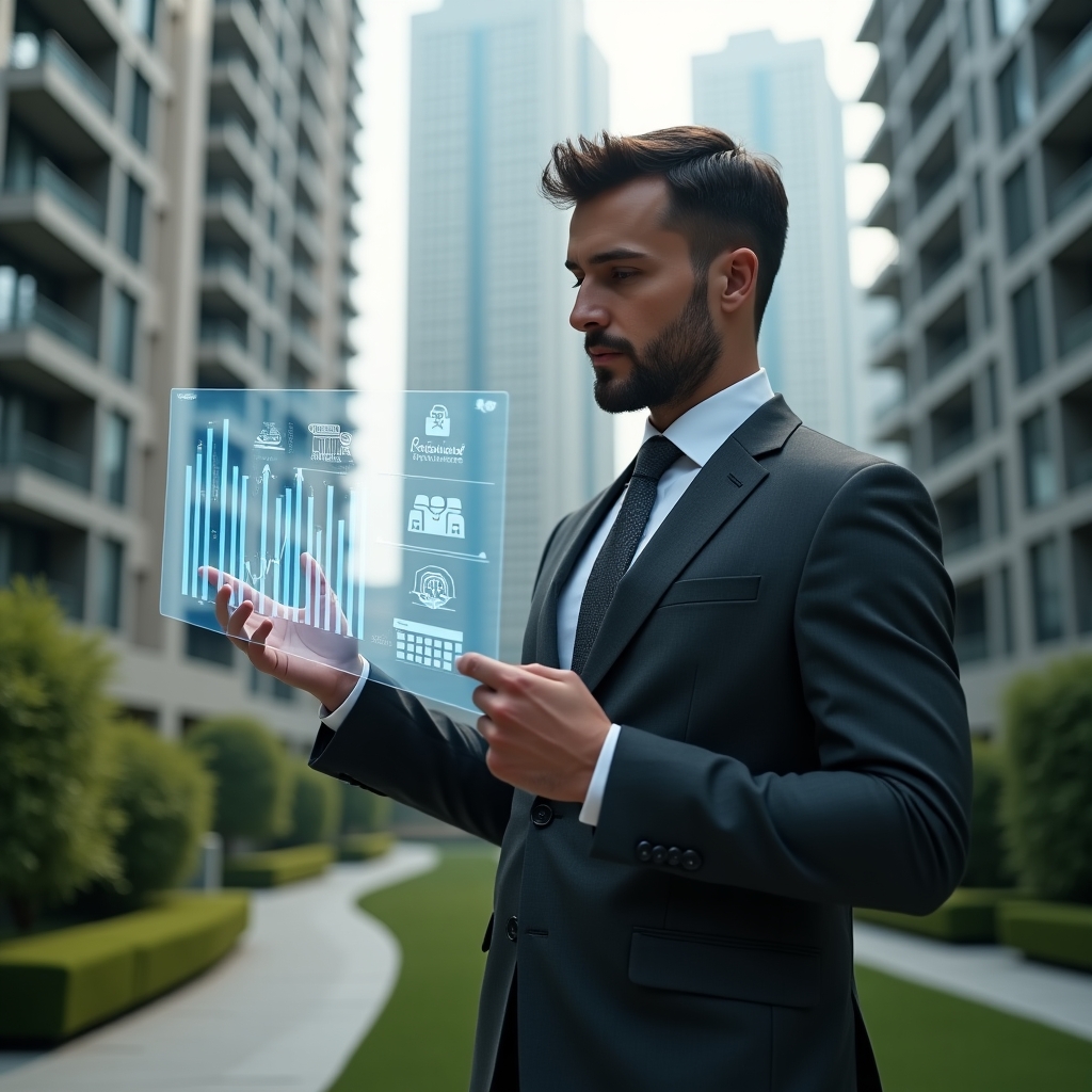 (Ultra-realistic condominium manager in a tailored charcoal gray executive suit, set in a modern luxury condominium environment with high-rise buildings and manicured green landscaping, mid shot of the manager analyzing a floating holographic financial report with bar charts and document icons, expression focused and confident, cinematic lighting, shallow depth of field, highly detailed textures, realistic skin, photographic realism, 8k resolution --ar 1:1 --v 6)