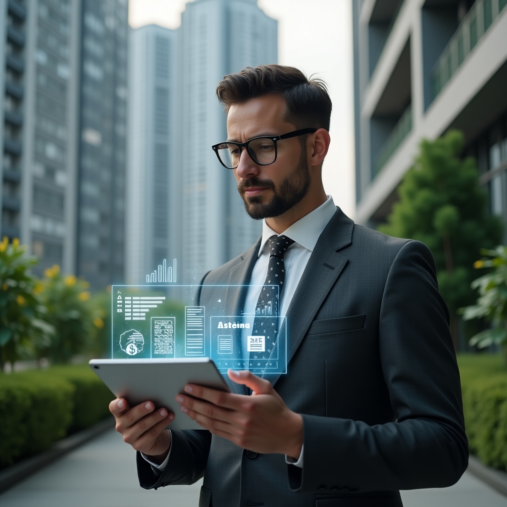 (Ultra-realistic condominium manager in a tailored charcoal gray suit, set in a modern luxury condominium environment with high-rise buildings and lush green landscaping, holding a digital tablet displaying transparent financial charts and holographic icons of coins and documents, analyzing data with a confident and thoughtful expression, cinematic lighting, shallow depth of field, highly detailed textures, realistic skin, photographic realism, 8k resolution --ar 1:1 --v 6)
