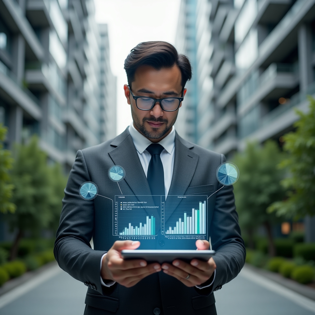 (Ultra-realistic condominium manager in a charcoal grey tailored suit, set in a modern luxury condominium environment with high-rise buildings and lush green landscaping, confidently reviewing holographic financial charts and transparent ledgers projected from a sleek tablet, floating bar graphs and pie chart icons symbolizing transparency, cinematic lighting, shallow depth of field, highly detailed textures, realistic skin, photographic realism, 8k resolution --ar 1:1 --v 6)