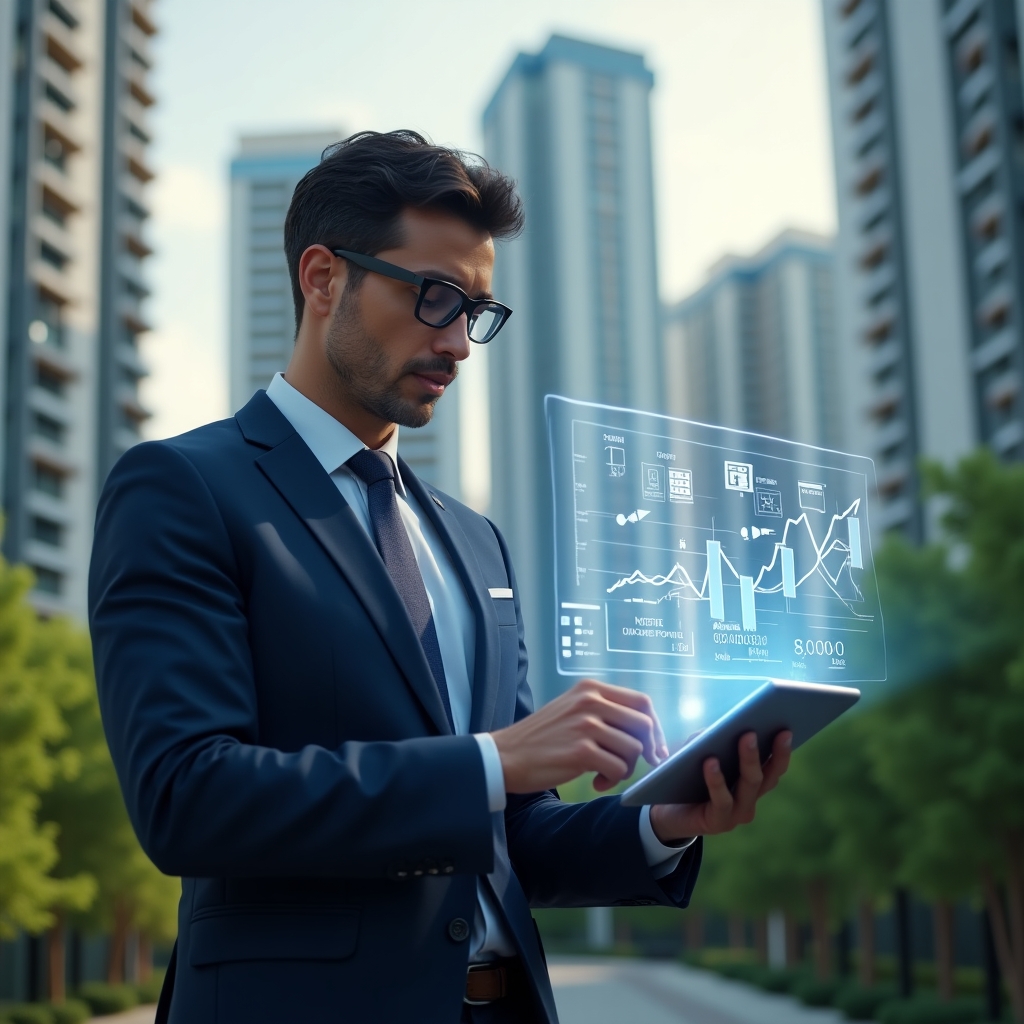 Ultra-realistic condominium manager in a tailored navy blue business suit, set in a modern luxury condominium environment with high-rise residential towers and lush green landscaping in the background, medium close-up shot capturing a confident professional thoughtfully reviewing holographic financial charts projected from a digital tablet, accompanied by a floating transparent ledger overlay and icons of graphs and documents, photographic realism, cinematic lighting, shallow depth of field, highly detailed textures, realistic skin, 8k resolution --ar 1:1 --v 6