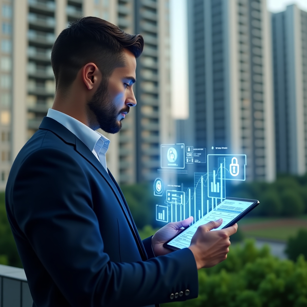 (Ultra-realistic condominium manager in a navy blue tailored suit, set in a modern luxury condominium environment with high-rise buildings and green landscaping, close-up shot of the manager analyzing transparent financial holograms projected from a digital tablet—showing glowing charts, graphs and lock‐open icons symbolizing transparent accounting—confident expression, cinematic lighting, shallow depth of field, highly detailed textures, realistic skin, photographic realism, 8k resolution --ar 1:1 --v 6)