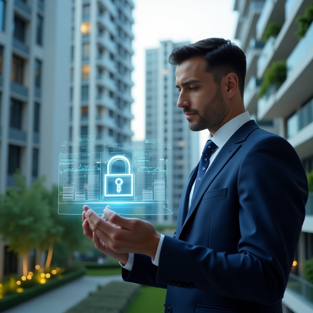 Ultra-realistic condominium manager in a navy blue suit, set in a modern luxury condominium environment with high-rise buildings and lush green landscaping, medium shot of a confident professional reviewing transparent holographic financial reports projected in mid-air, holographic charts and a padlock icon symbolizing secure transparent accounting, cinematic lighting, shallow depth of field, highly detailed textures, realistic skin, photographic realism, 8k resolution --ar 1:1 --v 6