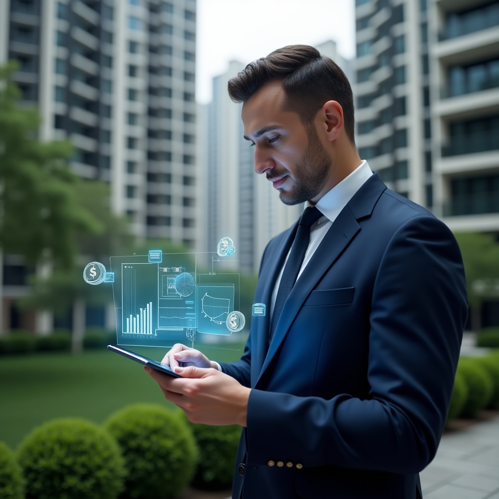 Ultra-realistic condominium manager in a navy blue suit, medium shot, set in a modern luxury condominium environment with high-rise buildings and lush green landscaping, reviewing financial reports on a tablet with holographic charts of income and expenses, floating icons of coins and spreadsheets, confident and focused expression, cinematic lighting, shallow depth of field, highly detailed textures, realistic skin, photographic realism, 8k resolution --ar 1:1 --v 6