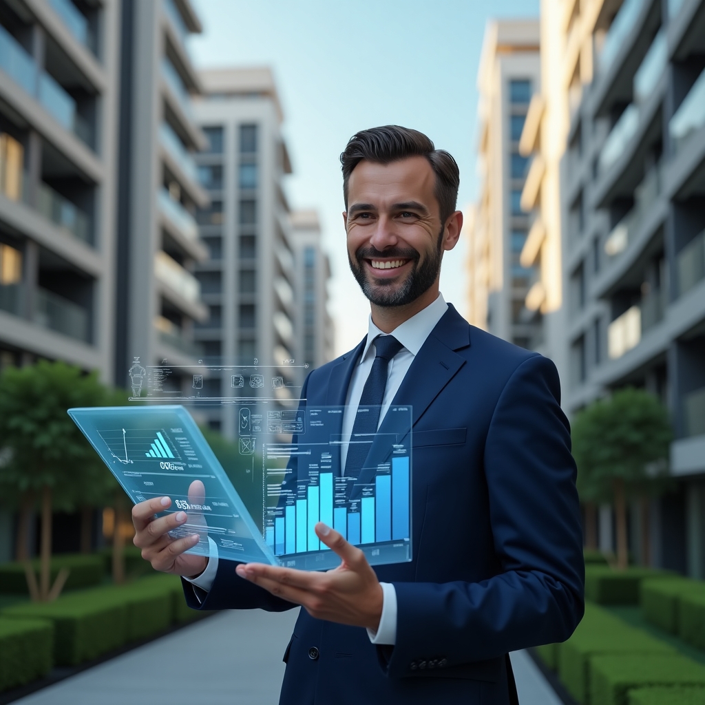 (Ultra-realistic condominium manager in a navy blue executive suit, set in a modern luxury condominium environment with high-rise buildings and well-manicured greenery, holding a transparent holographic spreadsheet displaying clear financial charts and graphs, confidently analyzing data with a thoughtful smile, symbolizing transparency and trust, cinematic lighting, shallow depth of field, highly detailed textures, realistic skin, photographic realism, 8k resolution --ar 1:1 --v 6)
