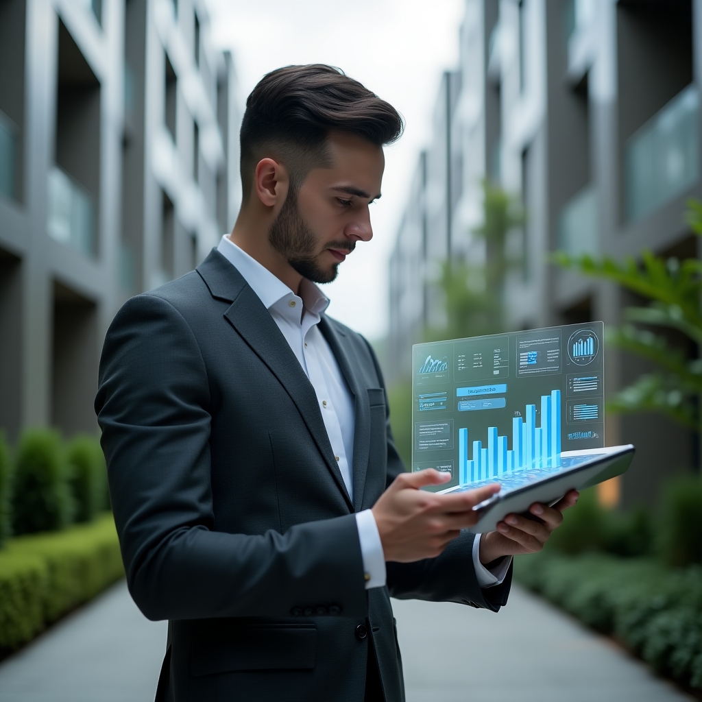 (Ultra-realistic condominium manager in a charcoal gray suit, set in a modern luxury condominium environment with high-rise buildings and manicured greenery, confidently reviewing translucent holographic financial charts floating above a sleek tablet, symbolic floating icons of spreadsheets and balance sheets, cinematic lighting, shallow depth of field, highly detailed textures, realistic skin, photographic realism, 8k resolution --ar 1:1 --v 6)