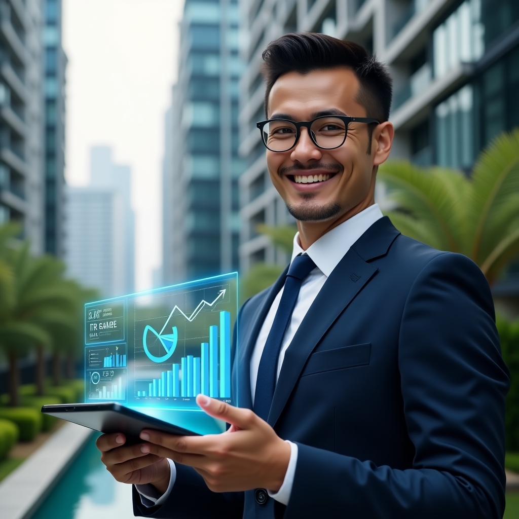 (Ultra-realistic condominium manager in a navy blue suit, set in a modern luxury condominium environment with high-rise buildings and well-manicured green landscaping, presenting a transparent holographic financial dashboard above a tablet, holographic pie chart and bar chart symbols floating, confident and approachable expression, cinematic lighting, shallow depth of field, highly detailed textures, realistic skin, photographic realism, 8k resolution --ar 1:1 --v 6)