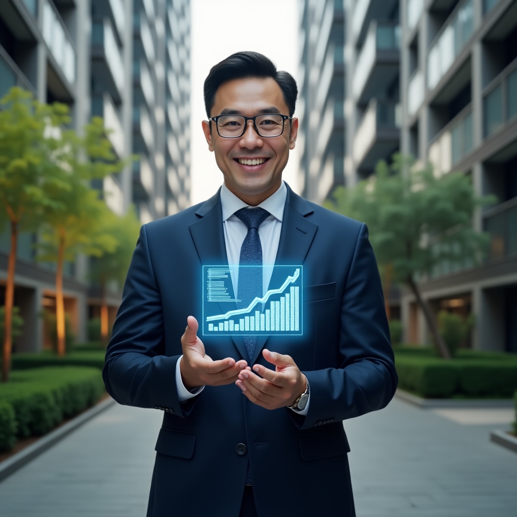 (Ultra-realistic condo manager in a tailored navy suit, set in a modern luxury condominium environment with high-rise buildings and lush green landscaping, mid-shot presenting a holographic financial report with a confident smile, digital balance sheet hologram floating beside them symbolizing transparent accounting, cinematic lighting, shallow depth of field, highly detailed textures, realistic skin, photographic realism, 8k resolution --ar 1:1 --v 6)