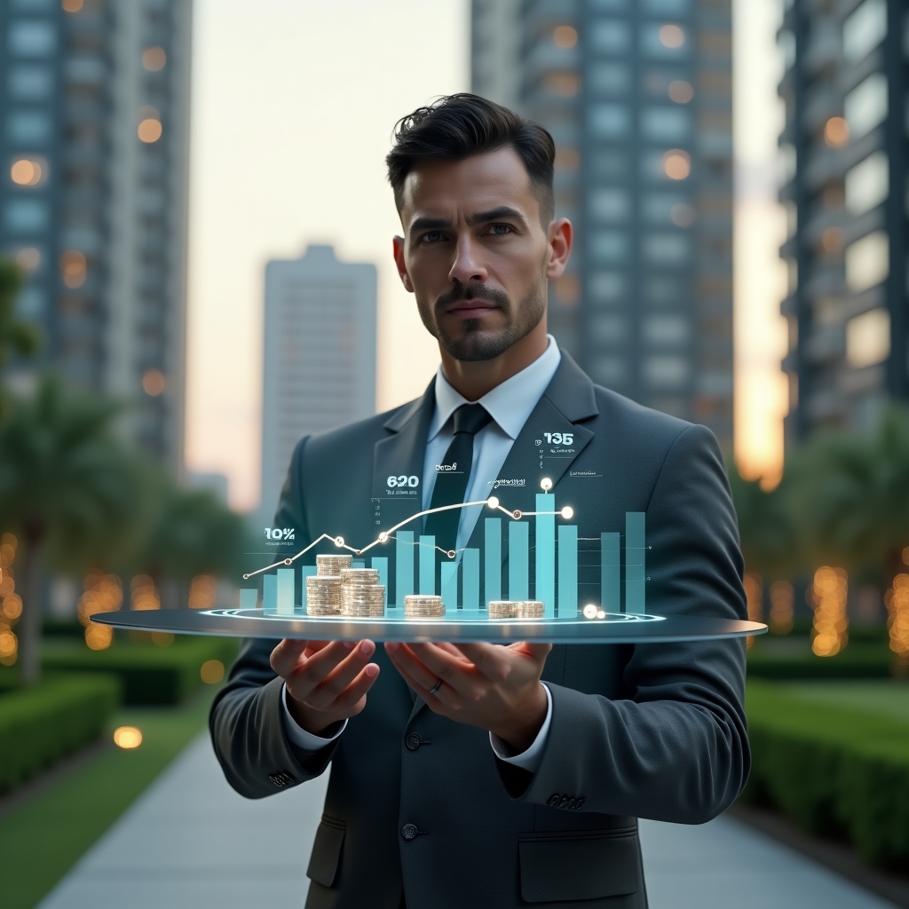 (Ultra-realistic condominium manager in a sleek charcoal gray suit, set in a modern luxury condominium environment with high-rise buildings and manicured green landscaping, holding and analyzing a transparent holographic financial report chart with floating icons of coins and graphs symbolizing clear accounting, confident and focused expression, cinematic lighting, shallow depth of field, highly detailed textures, realistic skin, photographic realism, 8k resolution --ar 1:1 --v 6)