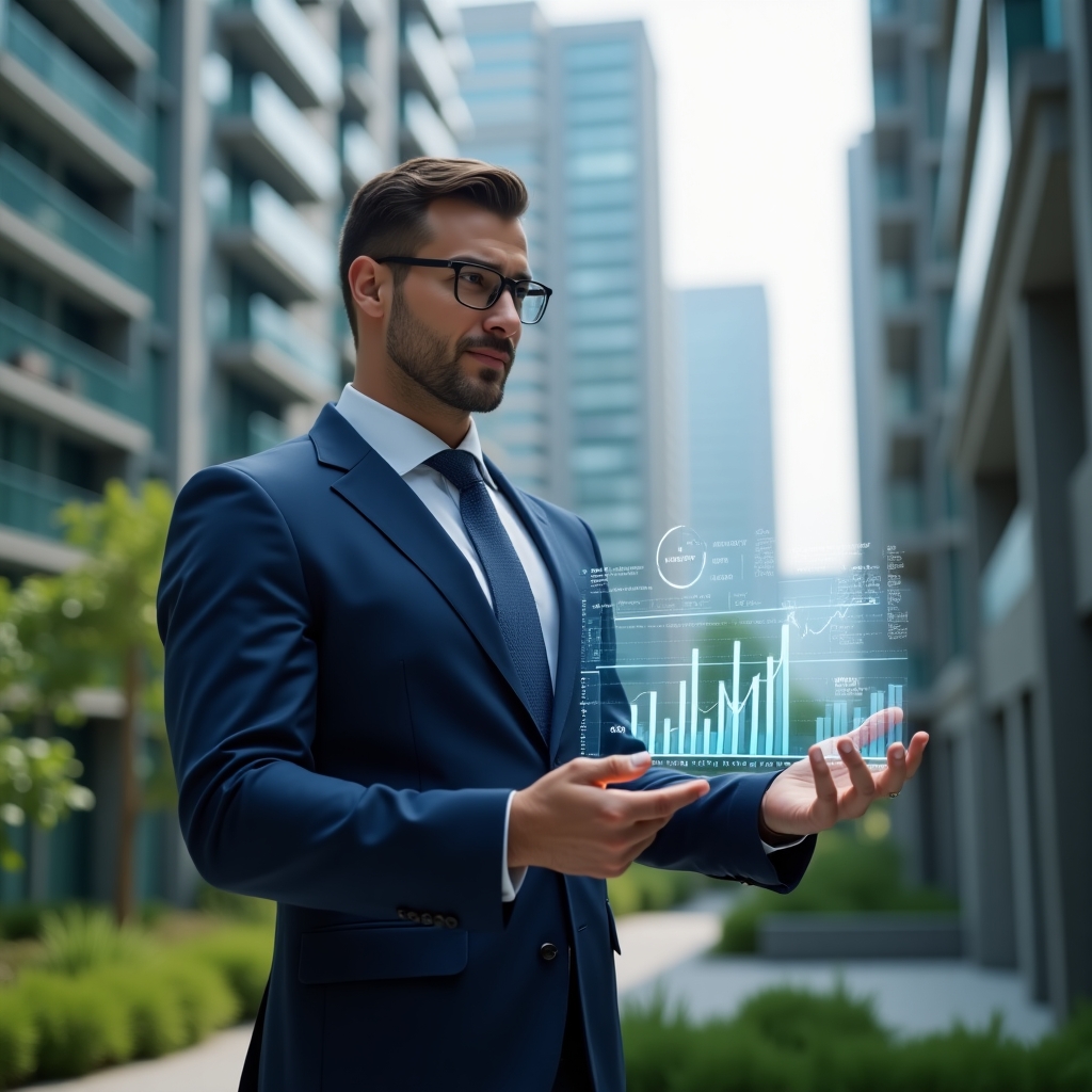 Ultra-realistic condo manager in a navy blue executive suit, set in a modern luxury condominium environment with high-rise buildings and green landscaping, confidently presenting a semi-transparent holographic financial report with floating charts and icons symbolizing clarity and trust, cinematic lighting, shallow depth of field, highly detailed textures, realistic skin, photographic realism, 8k resolution --ar 1:1 --v 6