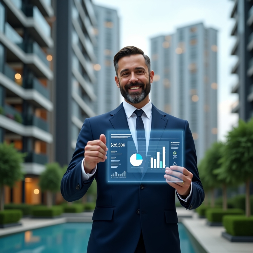 Ultra-realistic property manager in a navy blue suit, set in a modern luxury condominium environment with high-rise buildings and lush green landscaping, medium shot, holding a transparent holographic financial report with interactive bar and pie charts, pointing at the data confidently and smiling, cinematic lighting, shallow depth of field, highly detailed textures, realistic skin, photographic realism, 8k resolution --ar 1:1 --v 6