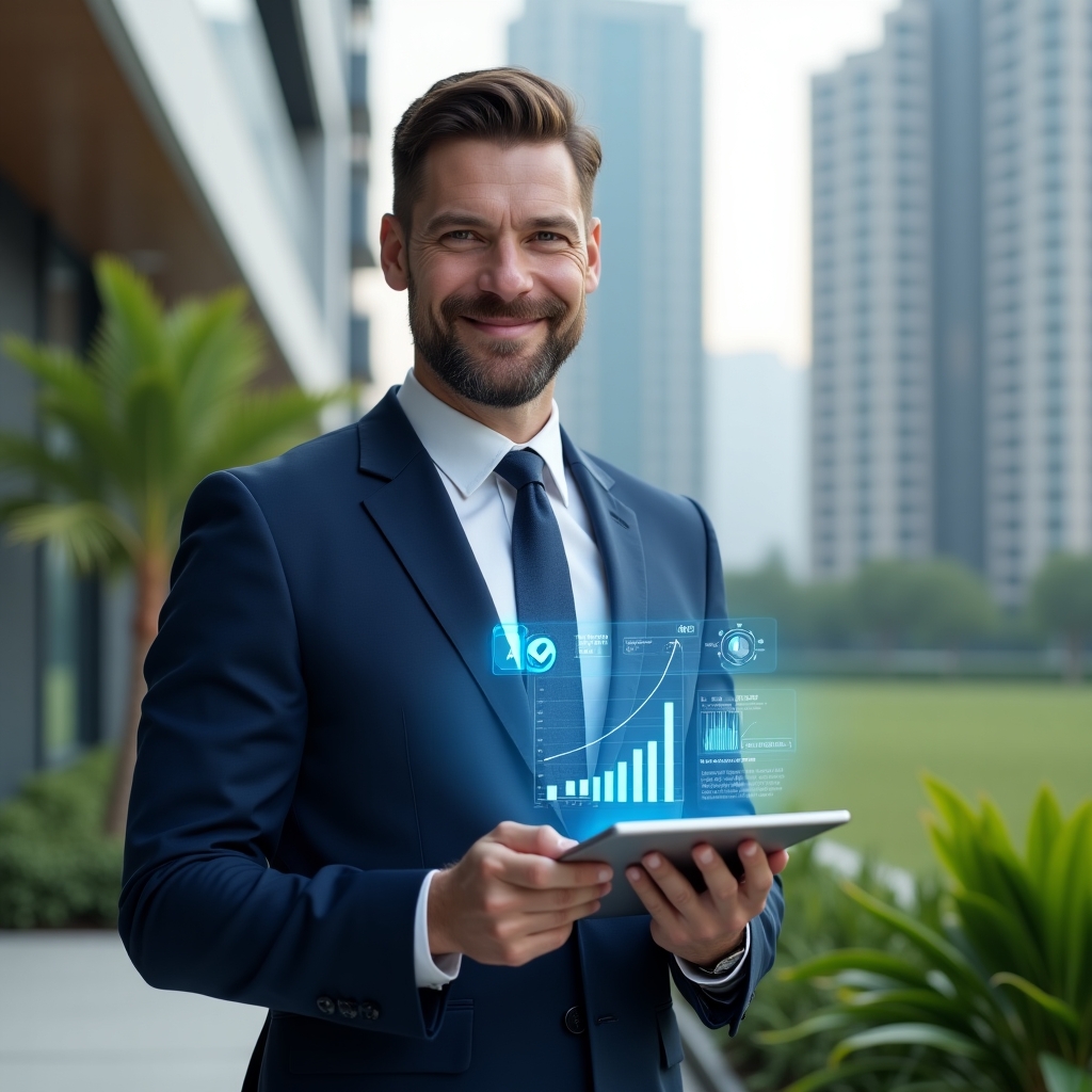 Ultra-realistic condominium manager in a navy blue suit, set in a modern luxury condominium environment with high-rise buildings and manicured green landscaping, standing in a confident pose while holding a transparent tablet projecting holographic financial charts and checkmark icons to symbolize transparent accounting, smiling reassuringly, cinematic lighting, shallow depth of field, highly detailed textures, realistic skin, photographic realism, 8k resolution --ar 1:1 --v 6
