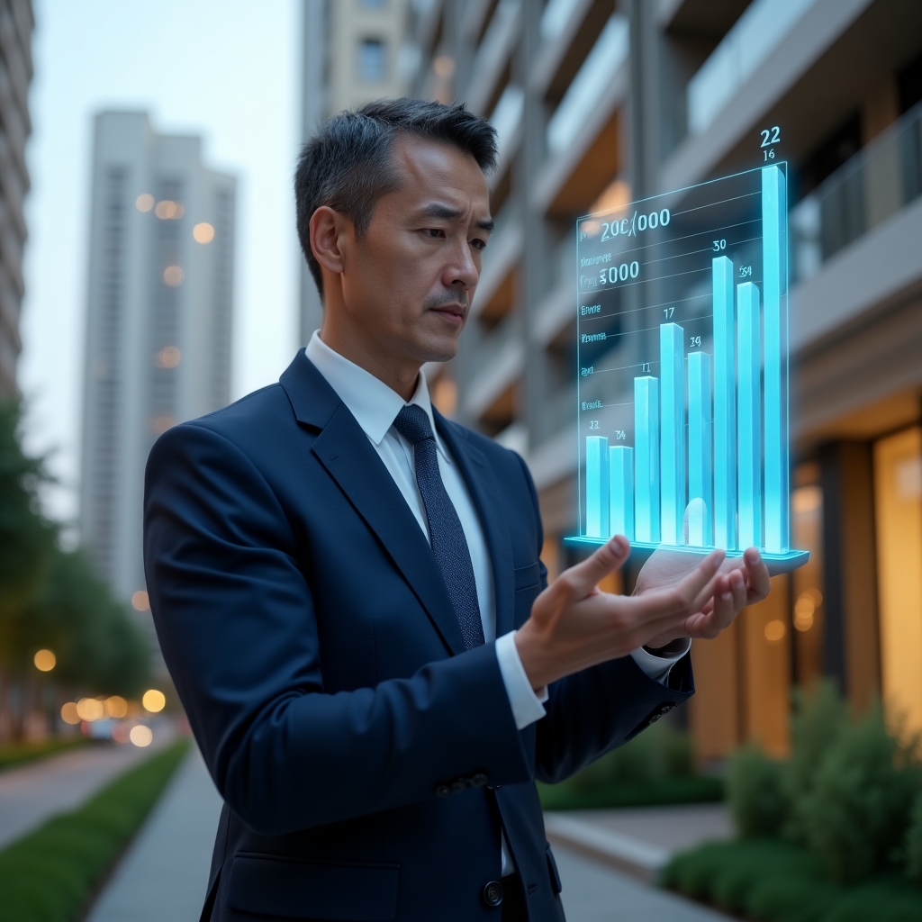 Ultra-realistic condominium manager in a navy blue tailored suit with a confident, focused expression, set in a modern luxury condominium environment with high-rise buildings and meticulously landscaped greenery, examining a floating 3D holographic bar chart showing payment statuses, cinematic lighting, shallow depth of field, highly detailed textures, realistic skin, photographic realism, 8k resolution --ar 1:1 --v 6