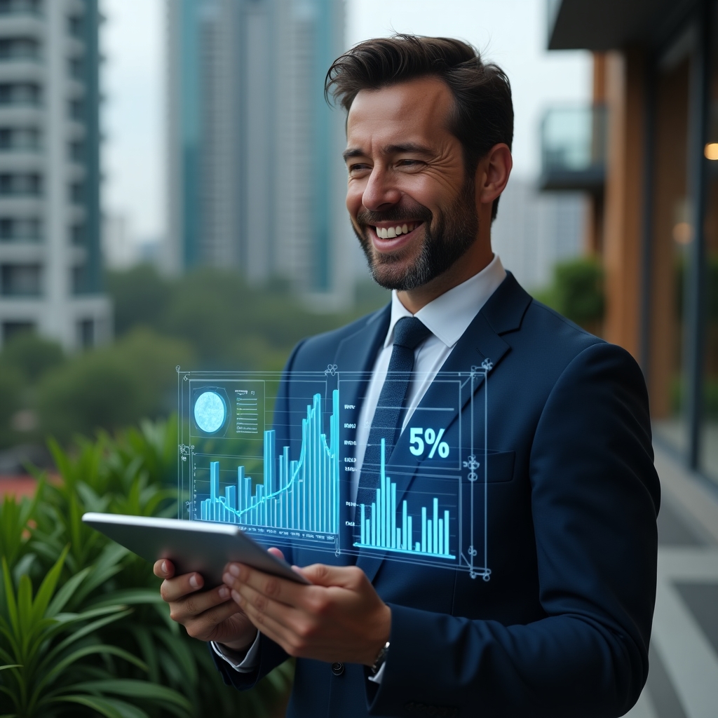 Ultra-realistic condominium manager in a tailored dark blue suit, set in a modern luxury condominium environment with high-rise buildings and lush green landscaping, smiling confidently while examining holographic financial charts on a tablet that highlight cost-reduction and sustainability icons, cinematic lighting, shallow depth of field, highly detailed textures, realistic skin, photographic realism, 8k resolution --ar 1:1 --v 6