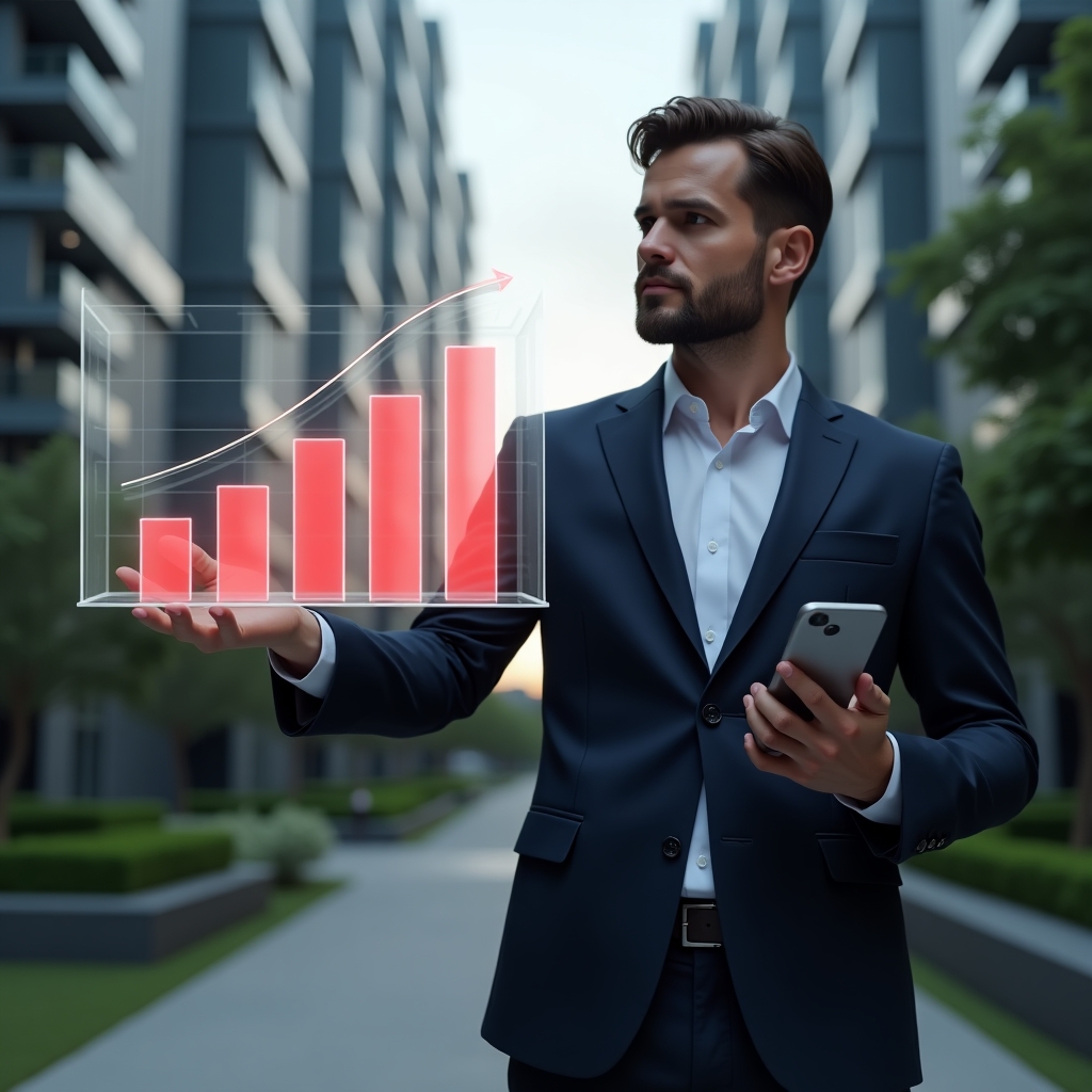 (Ultra-realistic condominium manager in an elegant dark navy suit, set in a modern luxury condominium environment with high-rise glass towers and manicured greenery, mid-shot of the professional pointing at a holographic bar chart with descending red bars representing reduced delinquency, confident and focused expression, holding a smartphone displaying a management app interface floating beside them, cinematic lighting, shallow depth of field, highly detailed textures, realistic skin, photographic realism, 8k resolution --ar 1:1 --v 6)