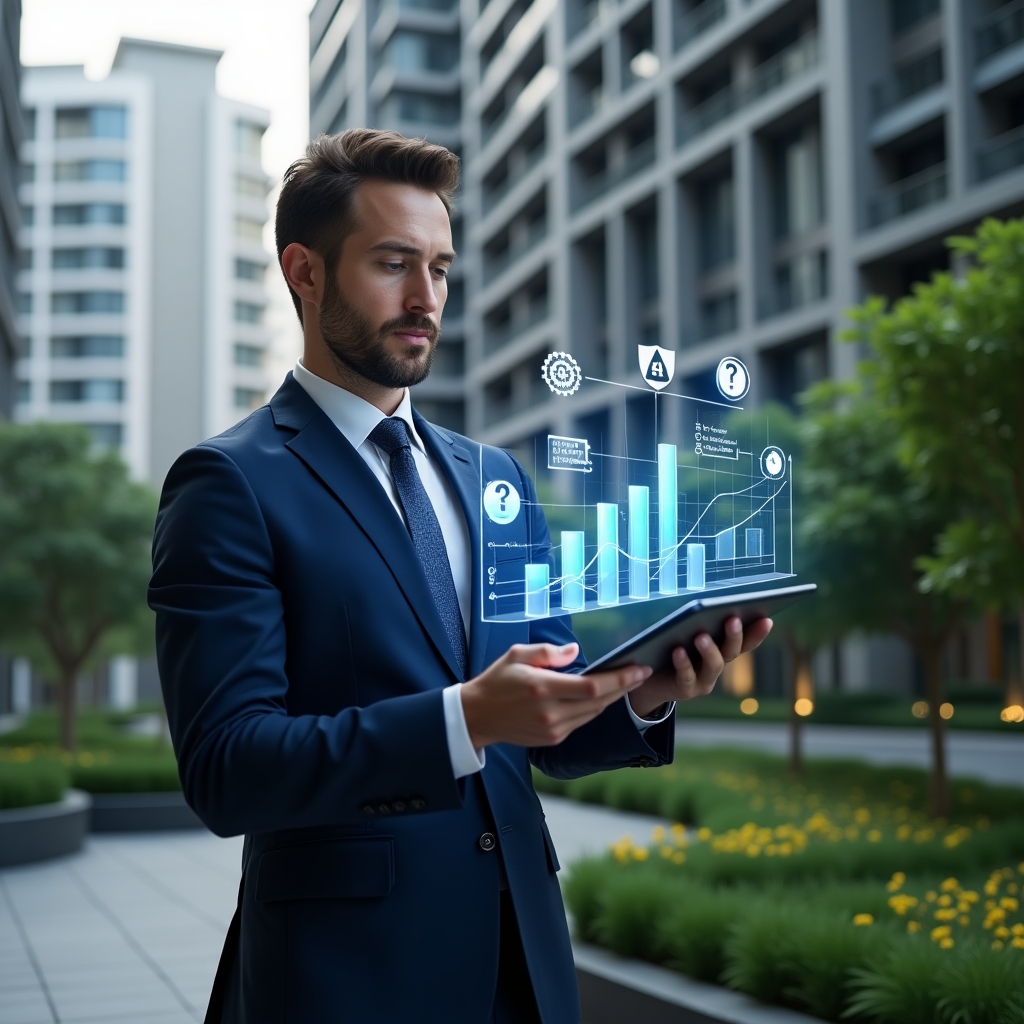 (Ultra-realistic condominium property manager in a navy blue executive suit, set in a modern luxury condominium environment with high-rise buildings and manicured green landscaping, holding a tablet displaying holographic cost-reduction graphs and reviewing financial charts, floating icons of coins, gears, and a shield symbolizing quality assurance, confident and thoughtful expression, cinematic lighting, shallow depth of field, highly detailed textures, realistic skin, photographic realism, 8k resolution --ar 1:1 --v 6)