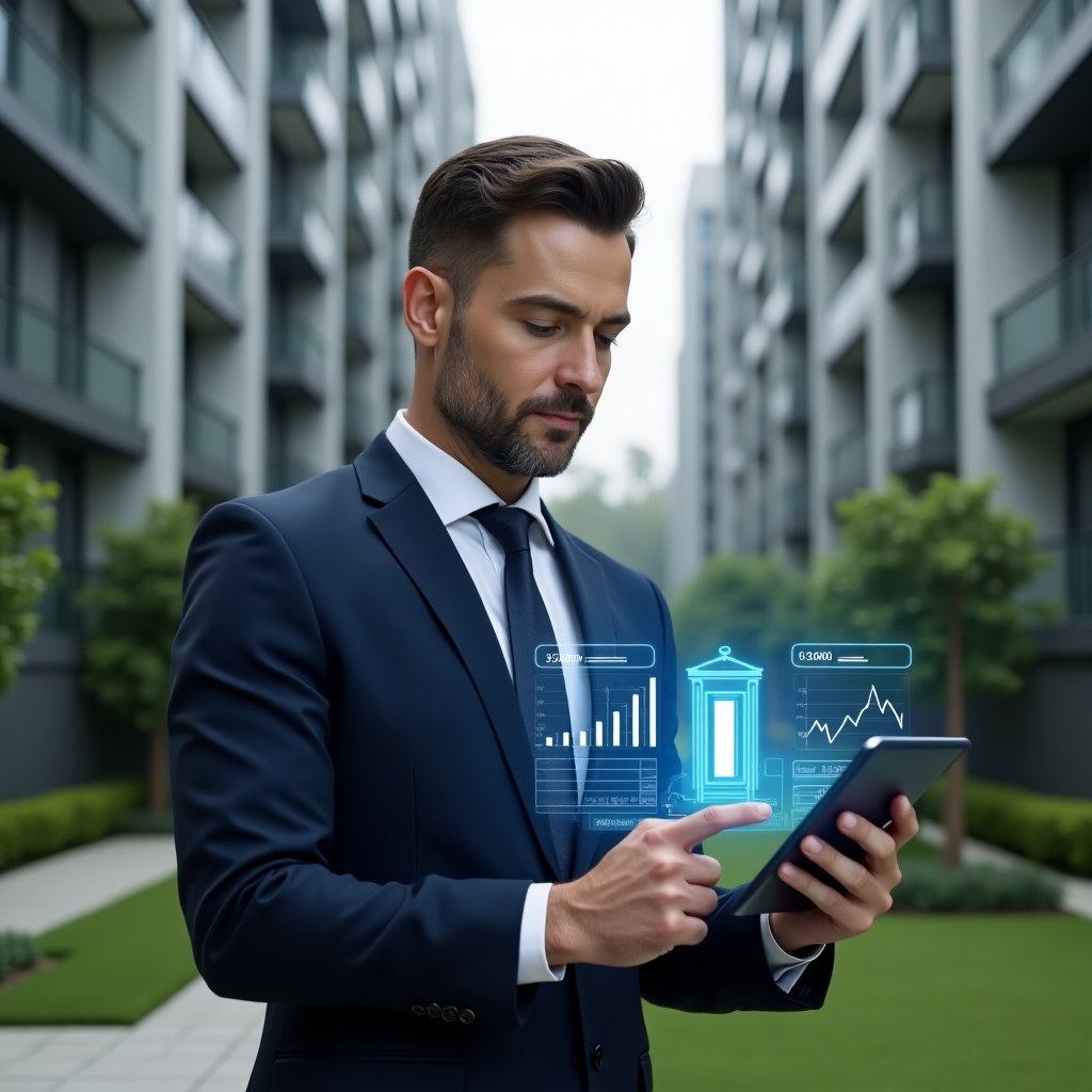 Ultra-realistic condominium manager in a navy executive suit with a confident, focused expression, set in a modern luxury condominium environment with high-rise buildings and manicured green landscaping, examining a digital tablet displaying a holographic elevator icon and cost-optimization graphs, pointing thoughtfully at maintenance data, cinematic lighting, shallow depth of field, highly detailed textures, realistic skin, photographic realism, 8k resolution --ar 1:1 --v 6