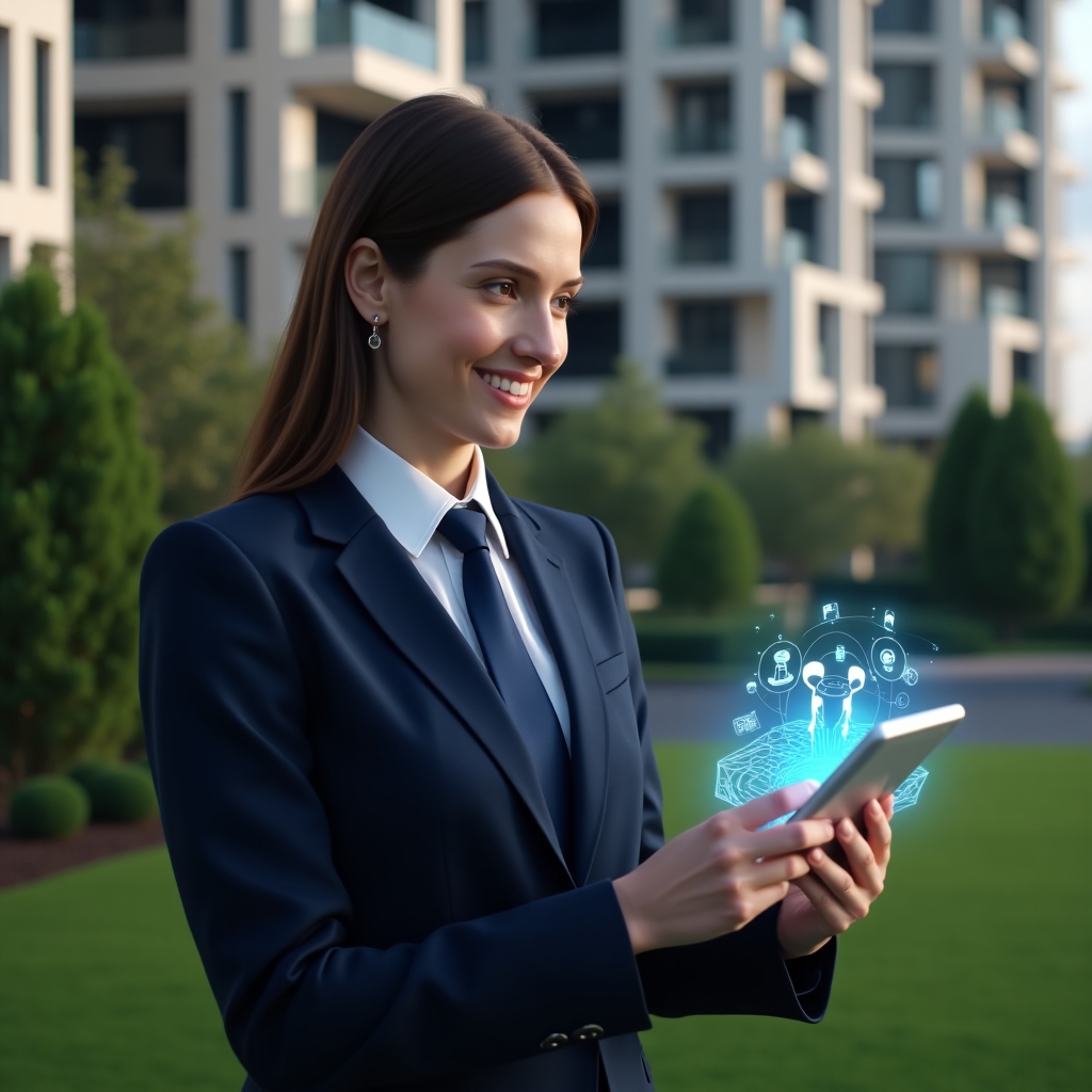 (Ultra-realistic condominium manager in a tailored navy suit, set in a modern luxury condominium environment with high-rise buildings and lush green landscaping, medium shot focusing on the manager holding a tablet displaying a holographic app interface of common area reservations with pool and grill icons, confidently smiling and analyzing the screen, cinematic lighting, shallow depth of field, highly detailed textures, realistic skin, photographic realism, 8k resolution --ar 1:1 --v 6)